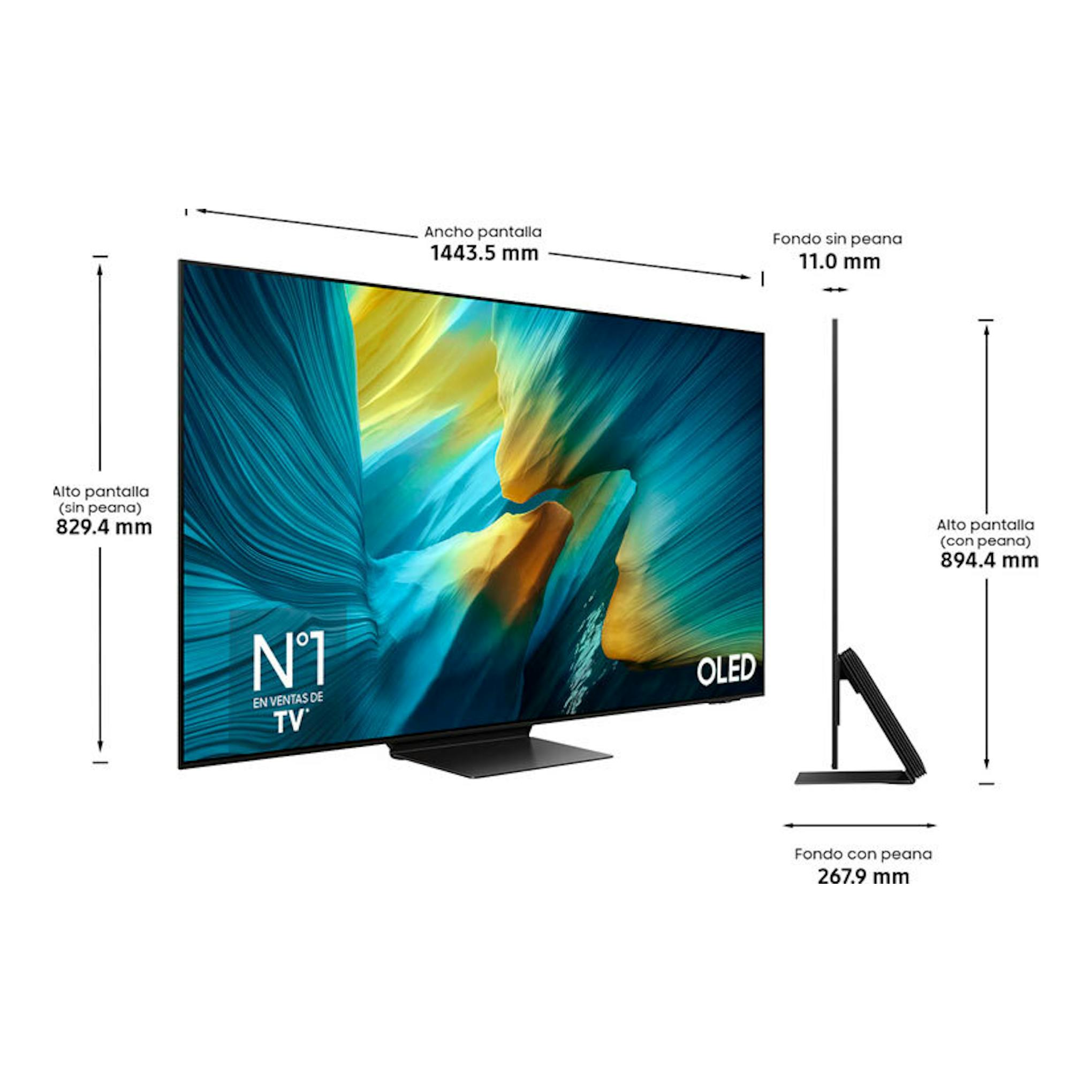 TV Samsung TQ65S95FATXXC OLED 4K de 65", vista frontal y lateral, con medidas en pantalla.