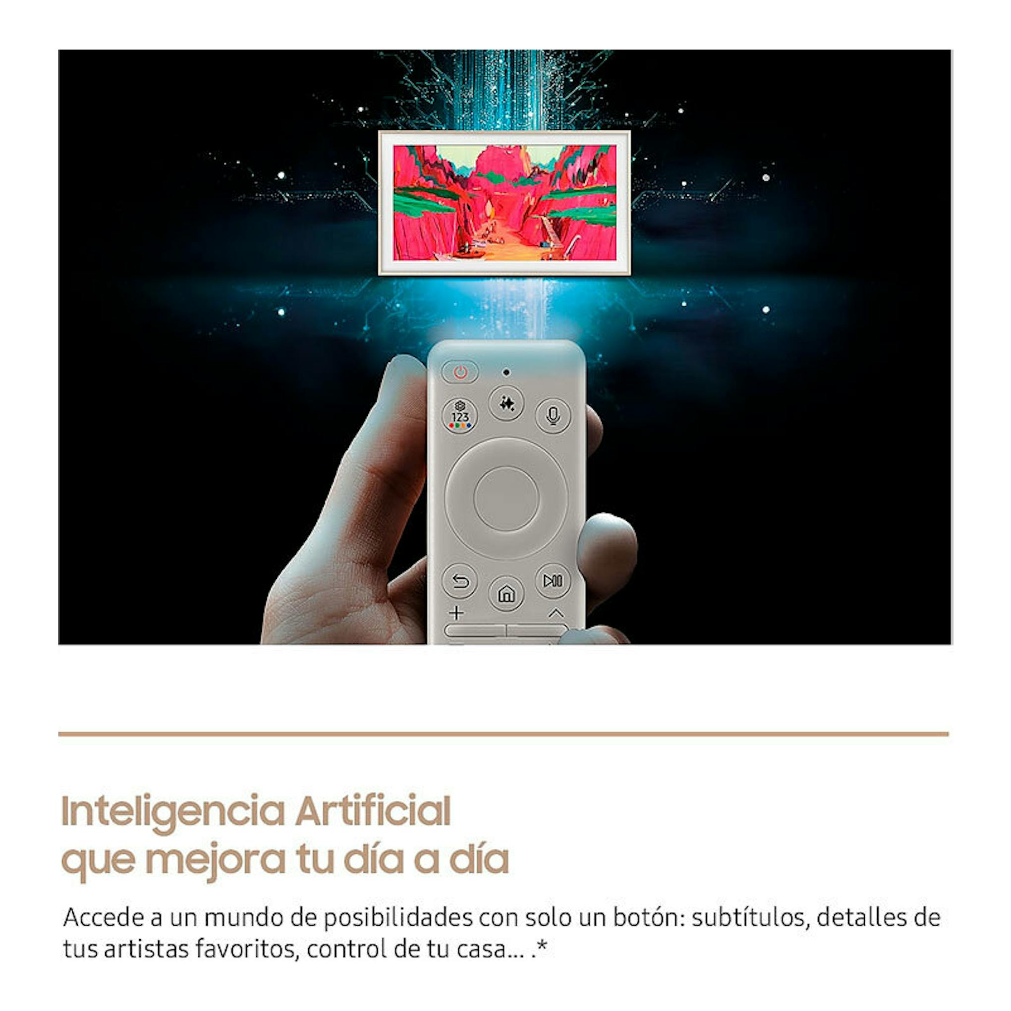 Samsung TQ75LS03FWUXXC Neo QLED 4K de 75 pulgadas, con mando en primer plano y TV al fondo.