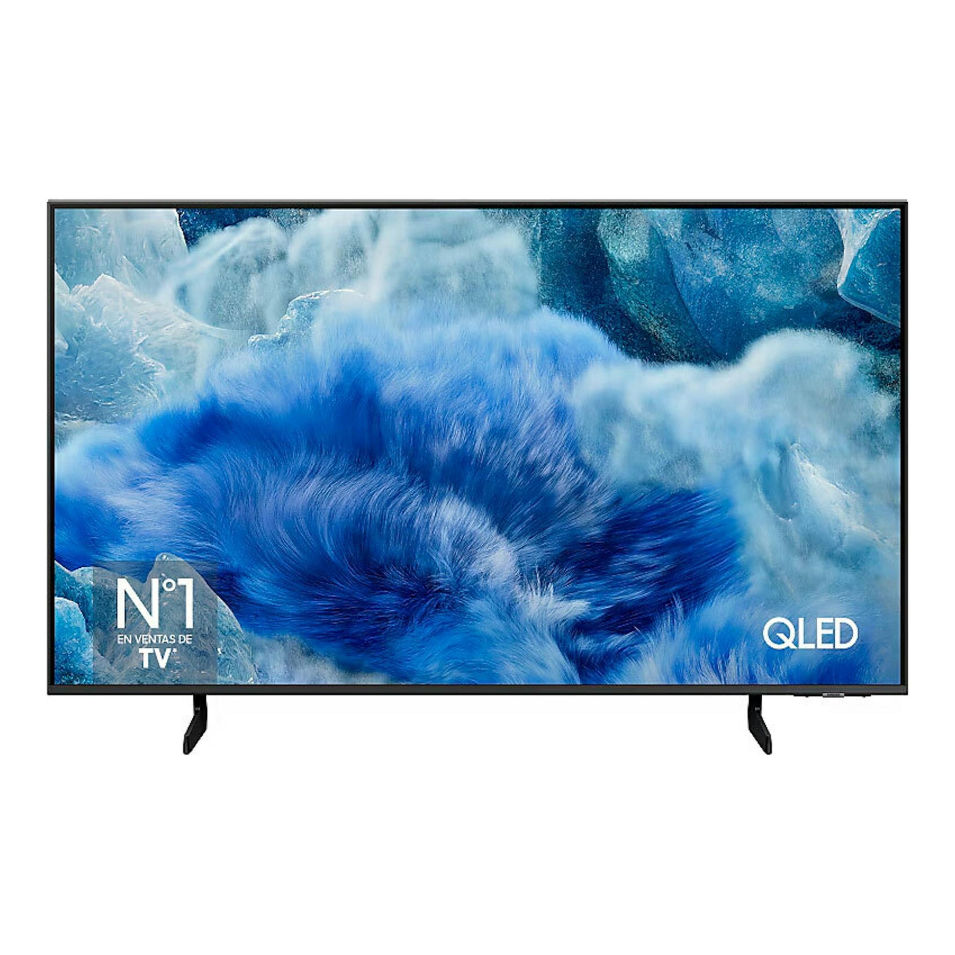 Samsung TQ75Q8FAAUXXC: TV QLED 4K de 75”, vista frontal, marco negro y pantalla con imagen azul abstracta.