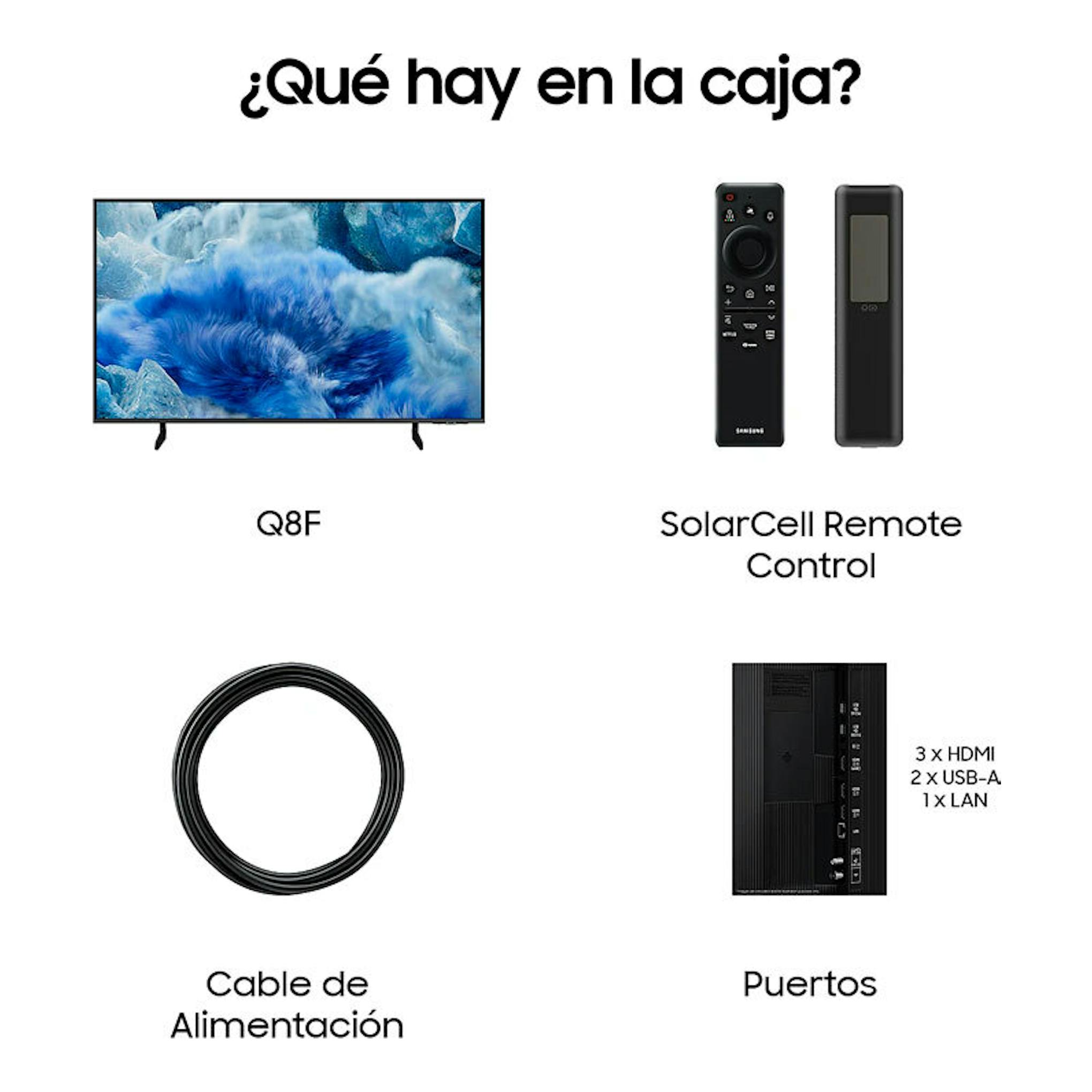 Samsung Q8F: TV frontal, mando SolarCell, cable de alimentación y puertos HDMI, USB-A y LAN.