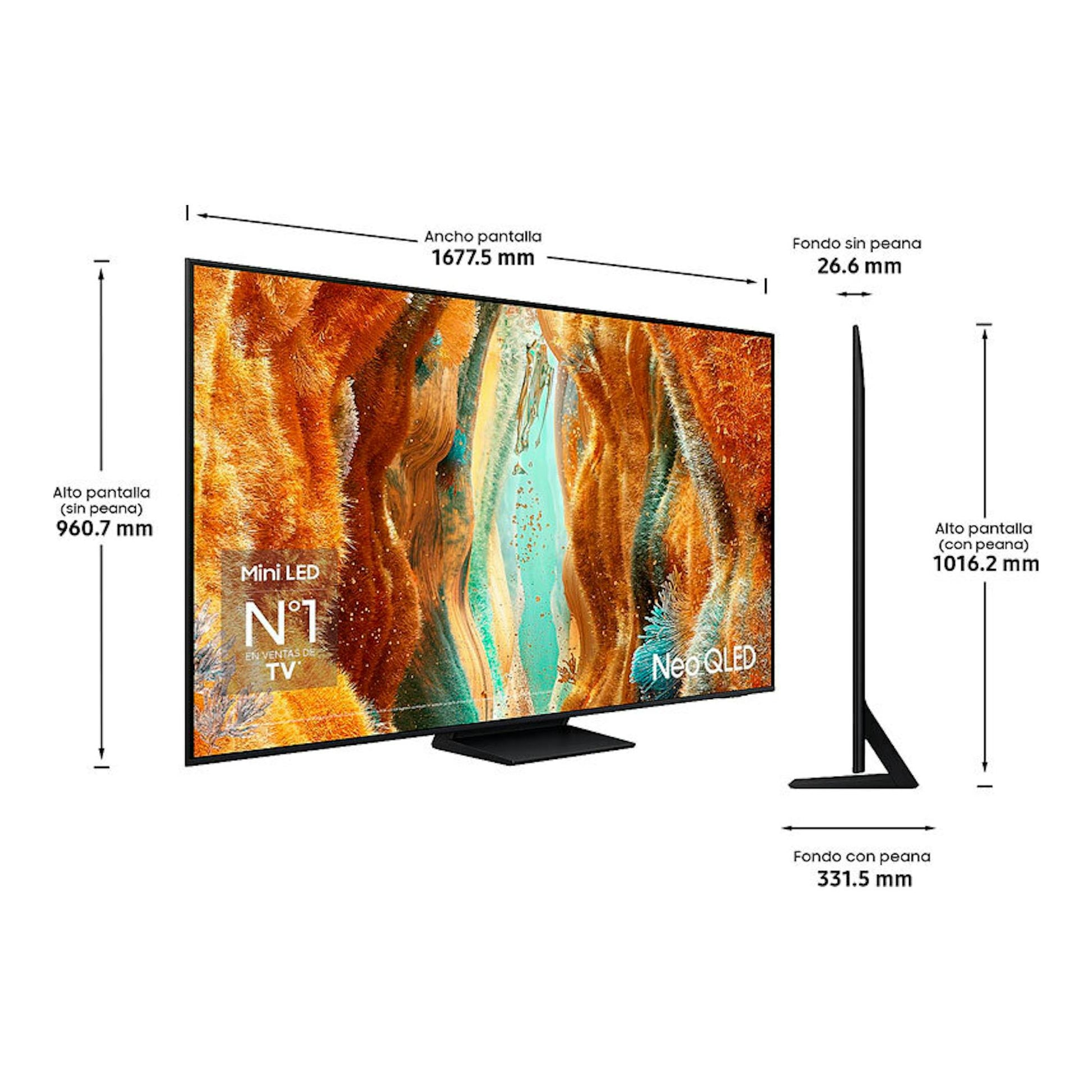Samsung NeoQLED TQ75QN70FAUXXC, TV negra en vista frontal y lateral con peana y medidas de dimensiones.