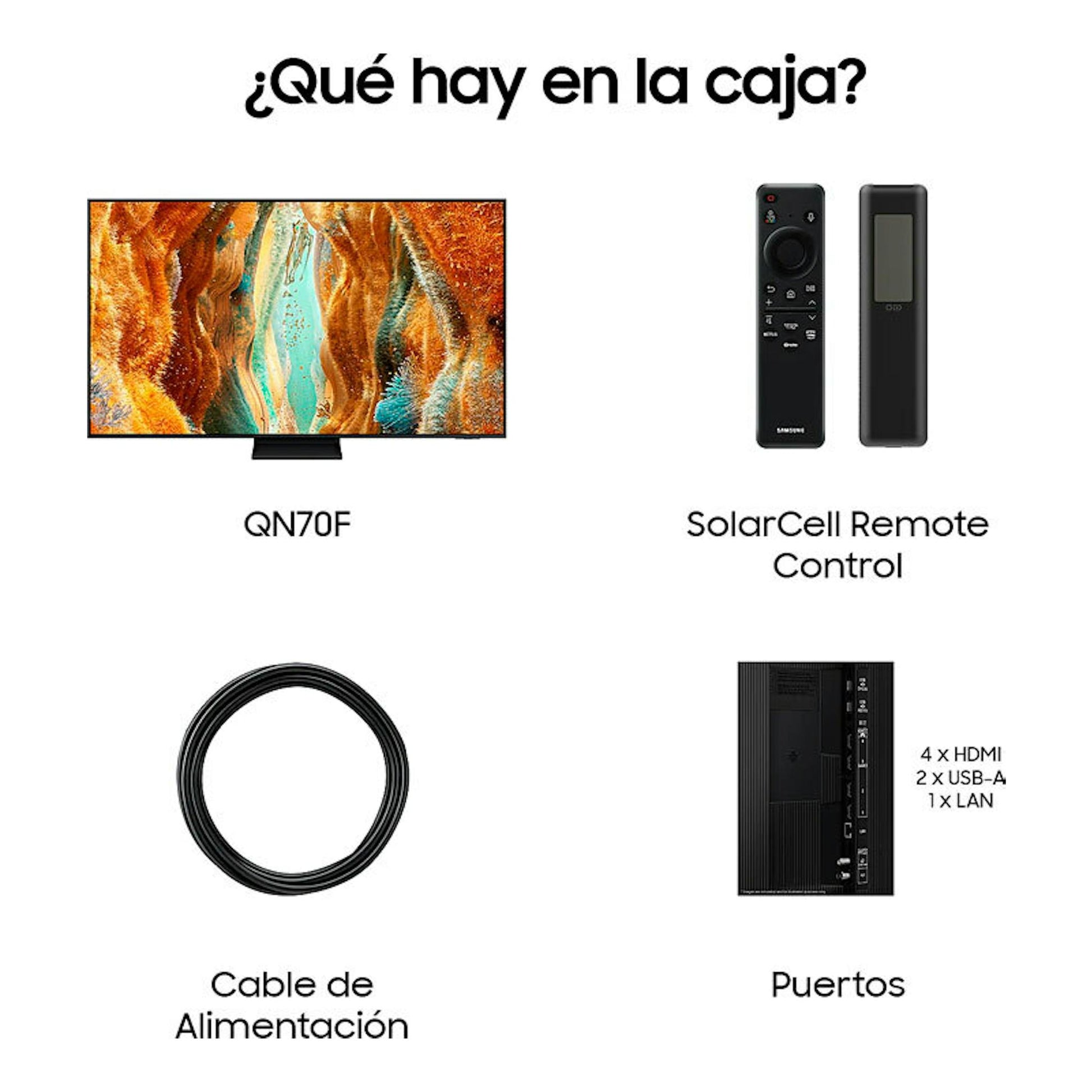 Infografía de contenido de caja del Samsung QN70F: TV, mando SolarCell, cable y puertos HDMI, USB-A y LAN.