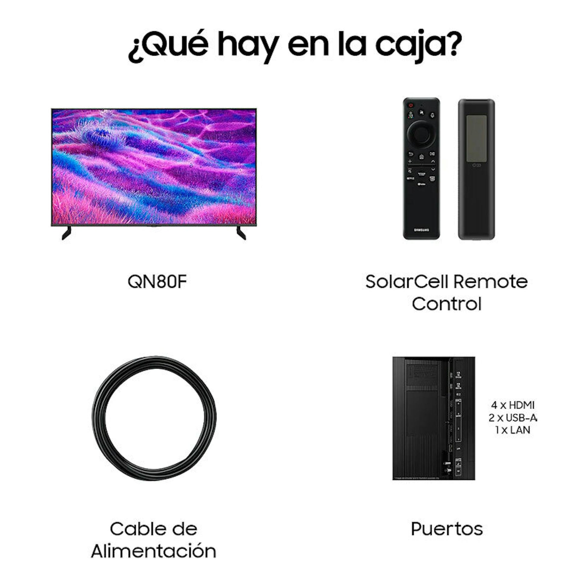 Samsung QN80F Neo QLED 4K 75" con mando SolarCell, cable de alimentación y vista de puertos.