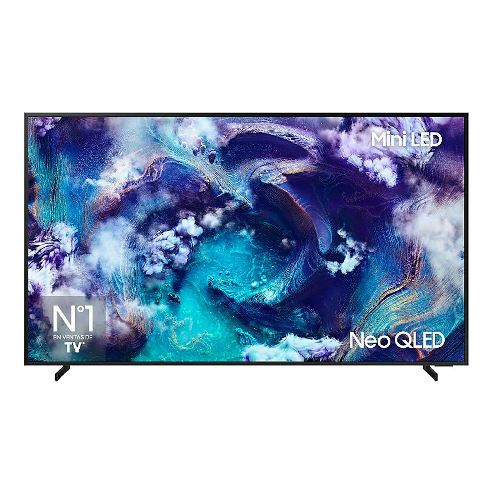 Televisor Samsung Neo QLED 8K, vista frontal, pantalla con imagen abstracta azul y violeta y marco negro.