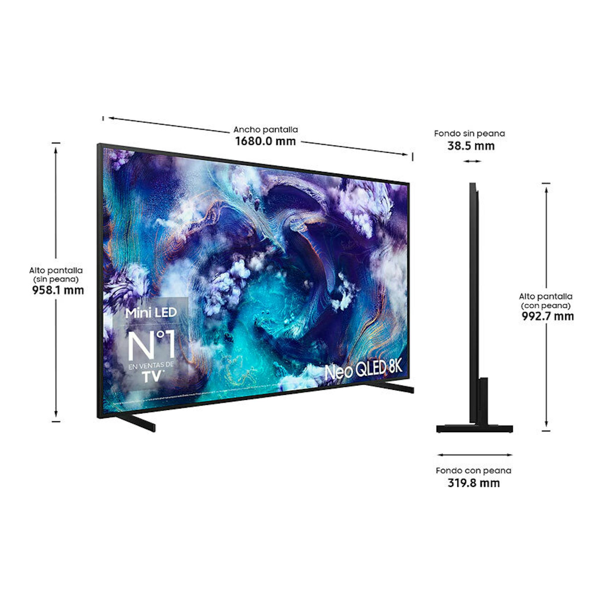 Samsung TQ75QN900FTXXC Neo QLED 8K, TV negra en vista frontal y lateral con medidas.