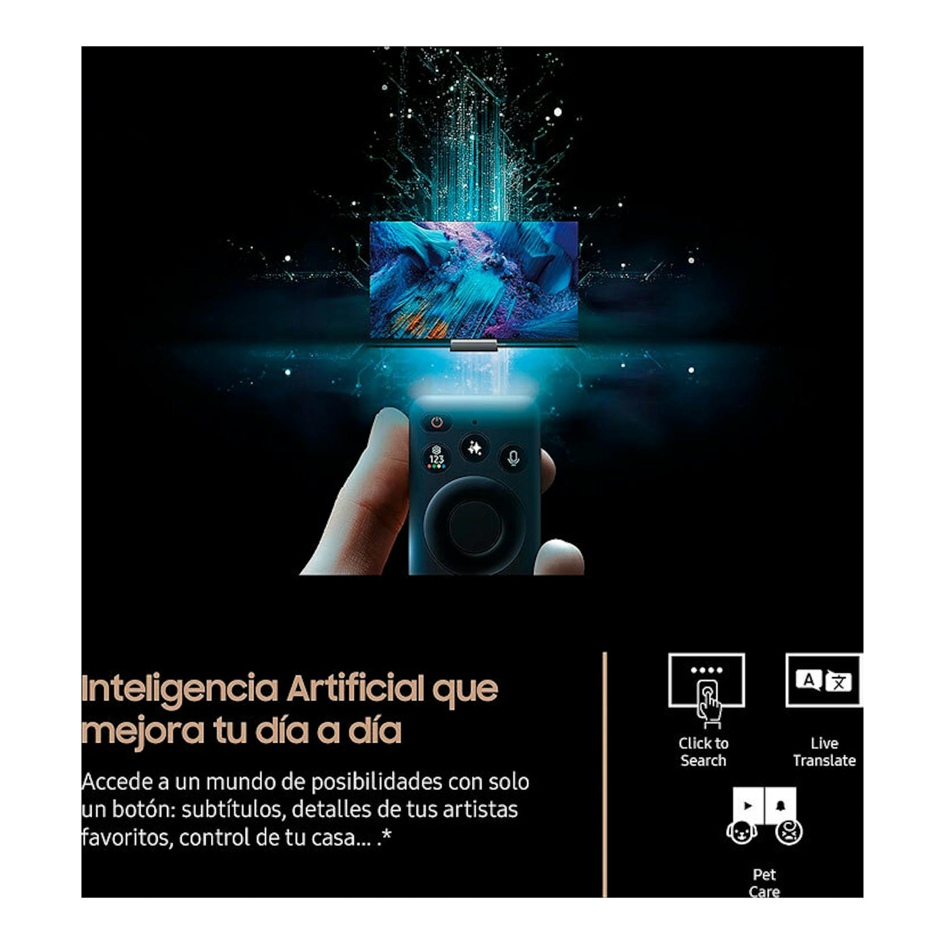 Samsung TQ75QN900FTXXC Neo QLED 8K, televisor frontal con mando a distancia sobre fondo negro.