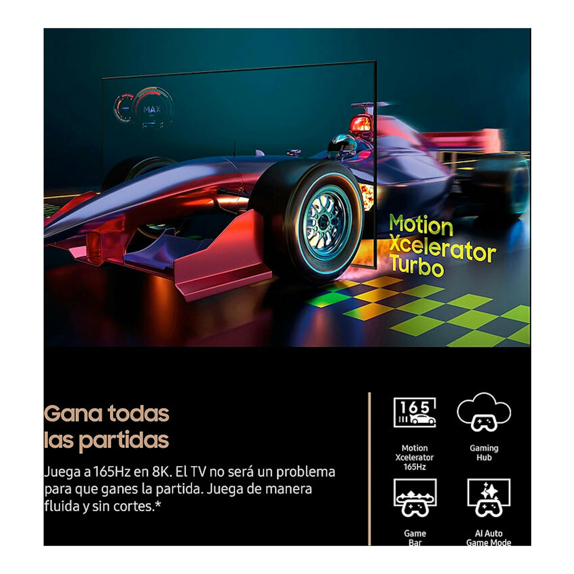 Anuncio frontal del TV Samsung TQ75QN900FTXXC Neo QLED 8K, con coche de F1 y textos de juego.
