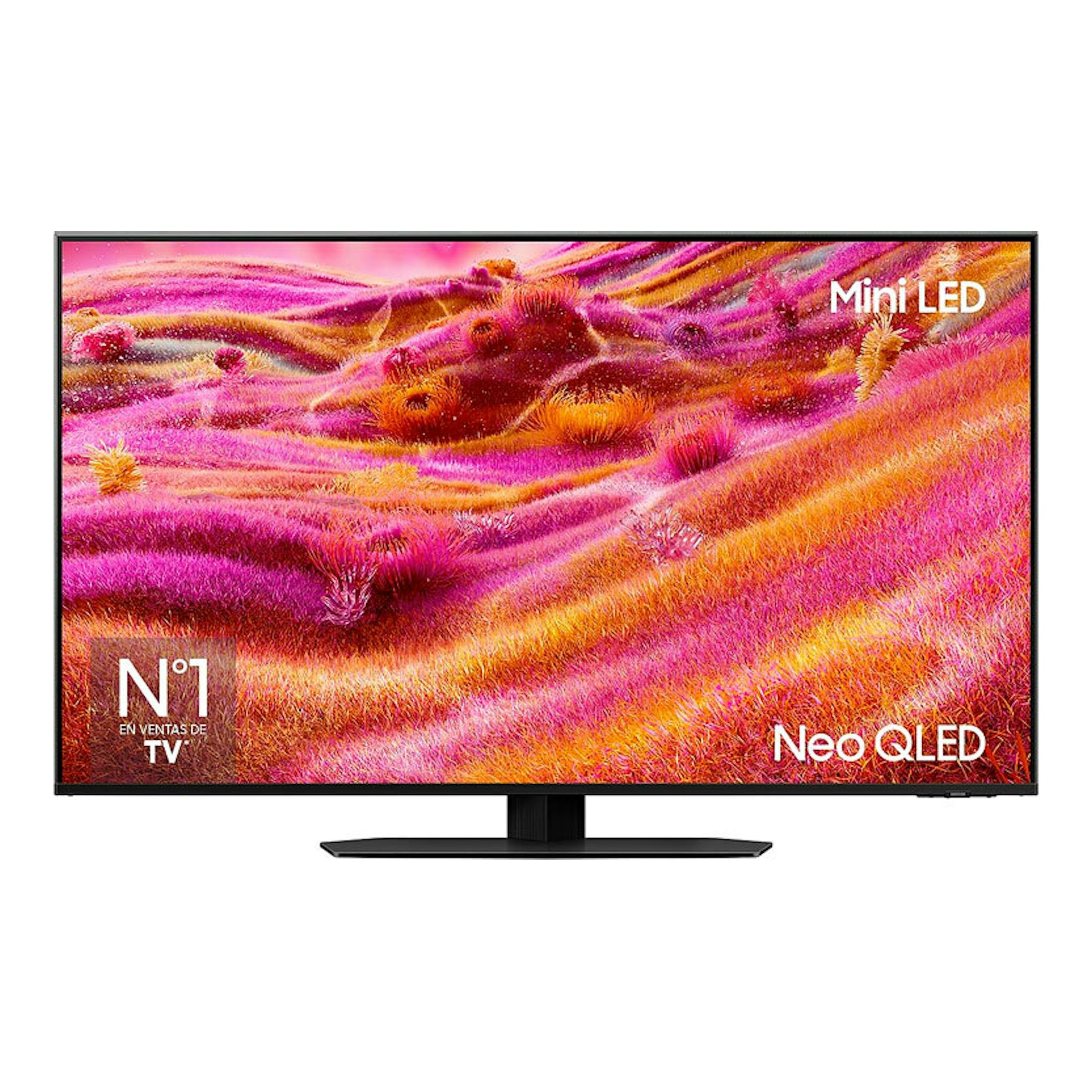 Televisor Samsung Neo QLED 4K de 75", vista frontal, marco negro y peana central, con imagen rosa y naranja.