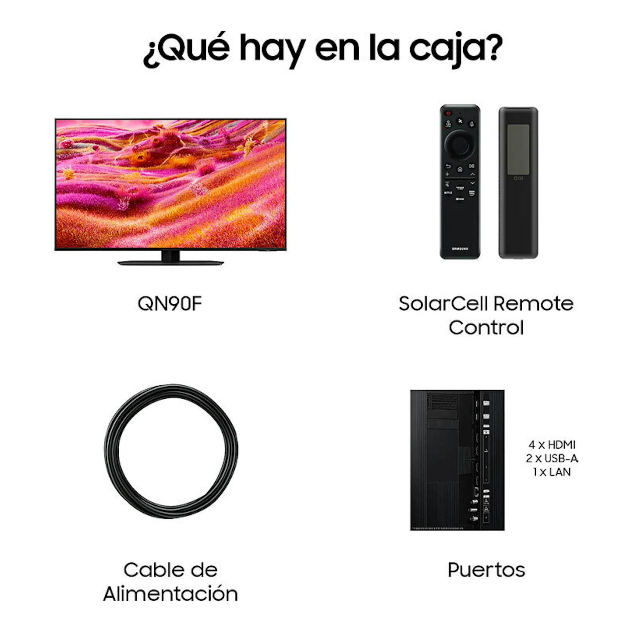 Contenido de caja del Samsung QN90F: televisor, mando SolarCell, cable de alimentación y puertos.