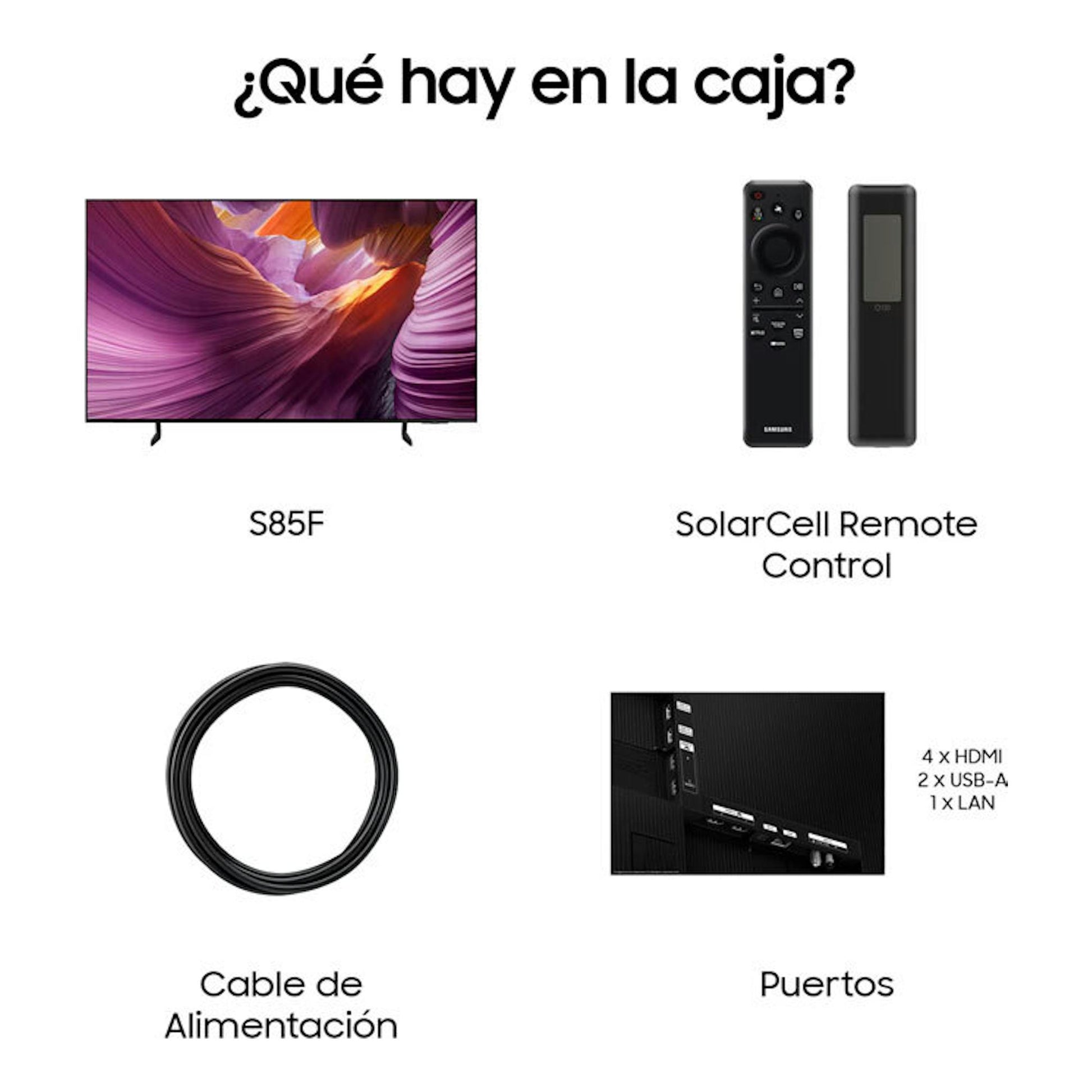 Infografía de Samsung S85F OLED 77": TV frontal, mando SolarCell, cable de alimentación y puertos HDMI, USB-A y LAN.