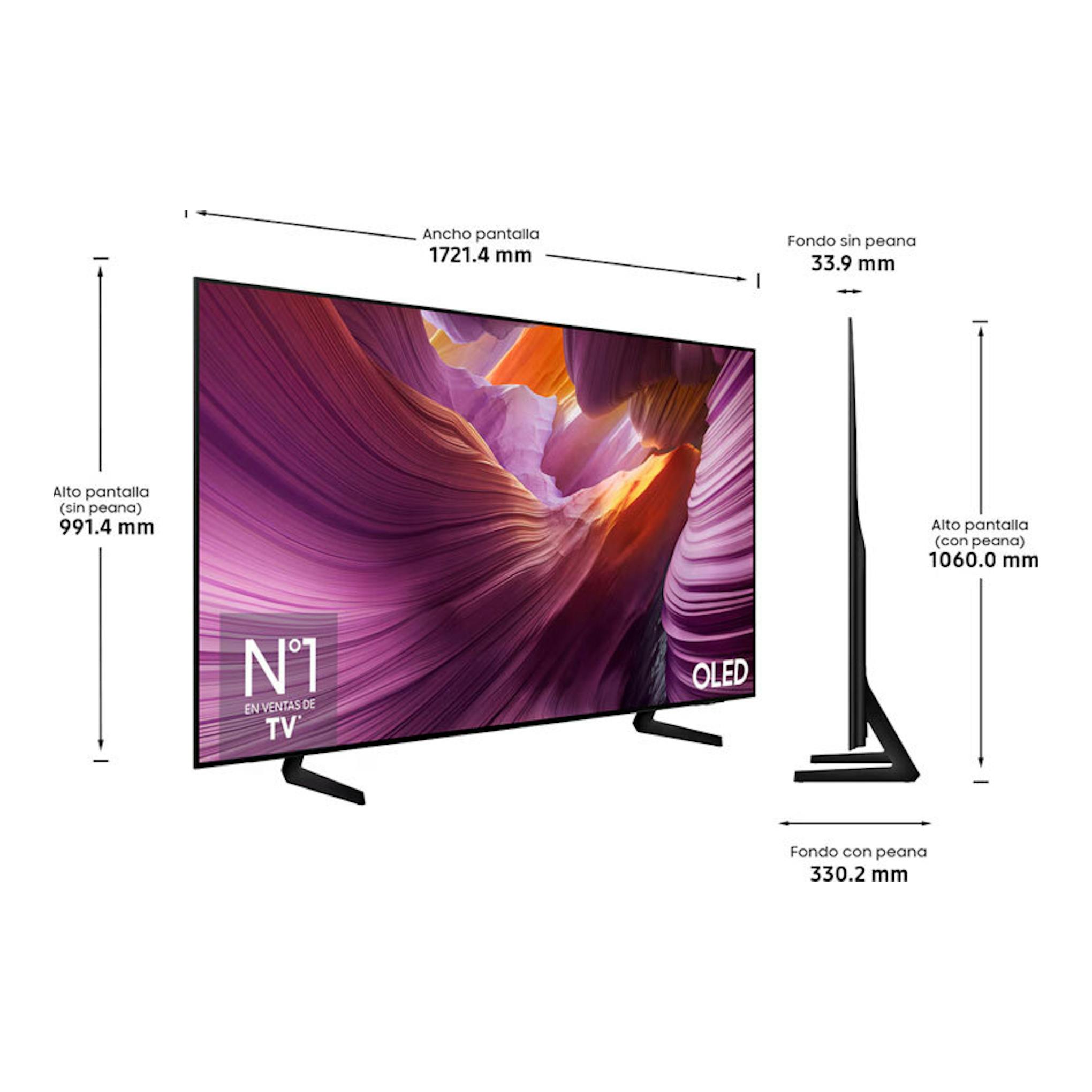 Samsung TQ77S85FAEXXC, TV OLED 4K negra, vista frontal y lateral con medidas de dimensiones.