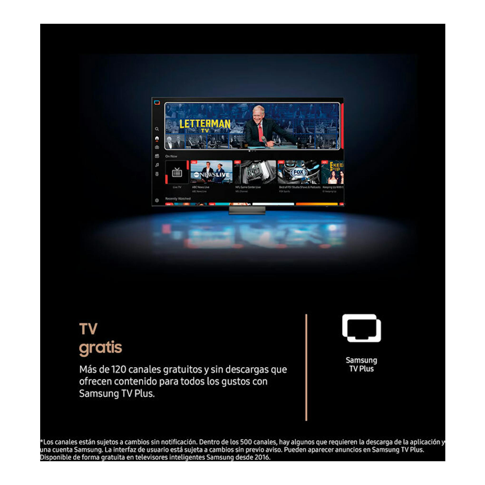 Anuncio de Samsung TV Plus con televisor Samsung OLED 77" en vista frontal sobre fondo negro.