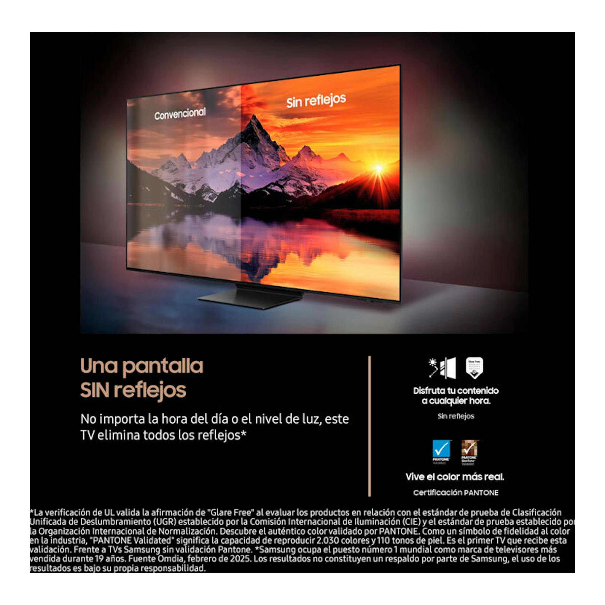 Samsung TQ77S95FATXXC, TV OLED 4K de 77 pulgadas, vista frontal, con pantalla sin reflejos y comparación.
