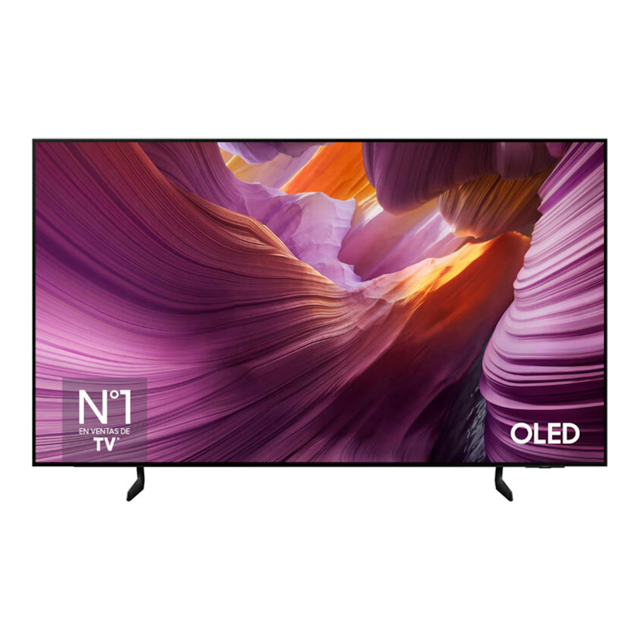 TV Samsung TQ83S85FAEXXC OLED 4K de 83", vista frontal, pantalla con imagen abstracta morada y naranja.