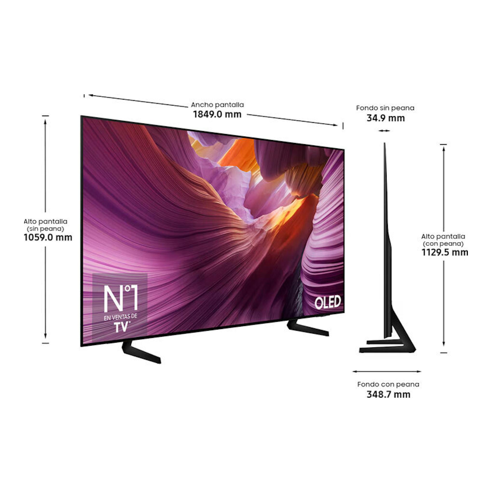 Samsung TQ83S85FAEXXC OLED 4K negra, vista frontal y lateral con peana y medidas de pantalla.