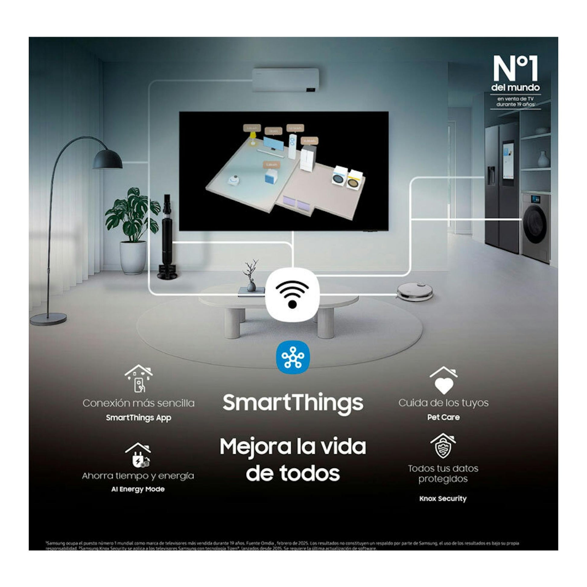 Samsung TQ83S85FAEXXC OLED 4K de 83″ montado en pared en un salón, con interfaz SmartThings.
