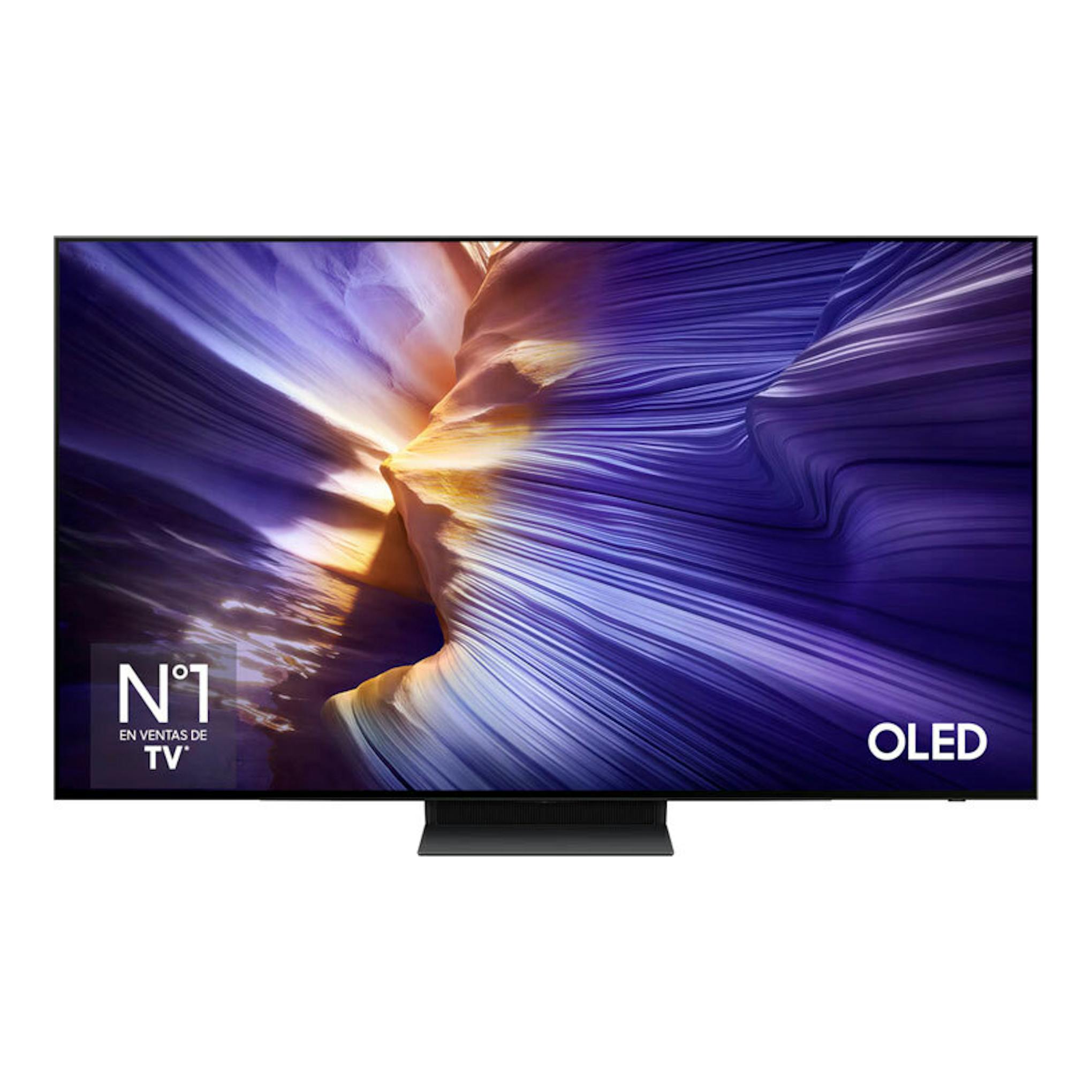 Televisor Samsung TQ83S93FAEXXC OLED 4K de 83 pulgadas, vista frontal, con soporte central negro.
