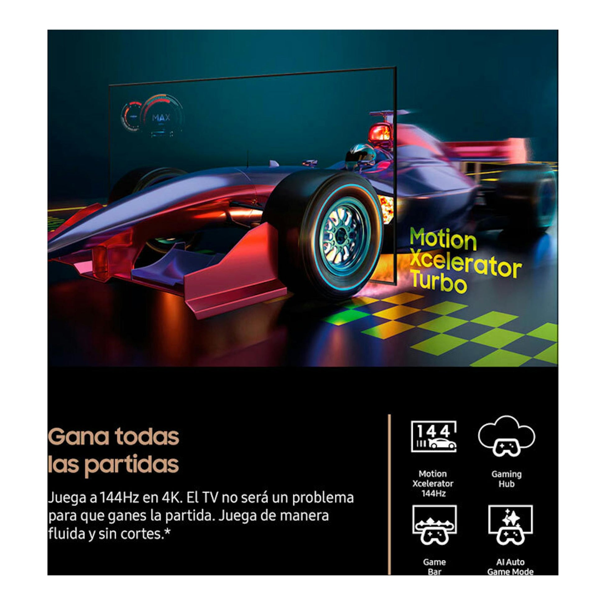 Samsung TQ83S93FAEXXC: TV OLED 4K en vista frontal con coche de carreras y texto de juego a 144 Hz.