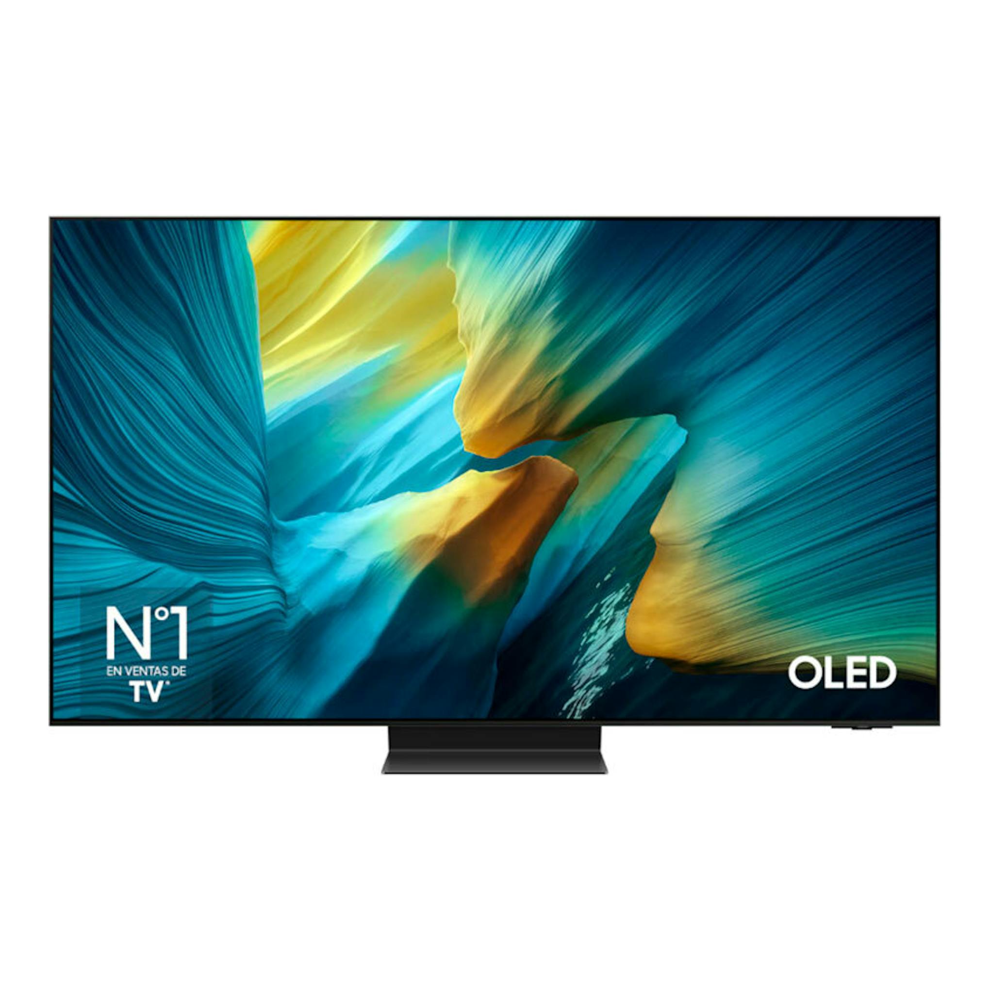 Televisor Samsung TQ83S95FAEXXC OLED 4K de 83 pulgadas, vista frontal, en color negro, con imagen abstracta.