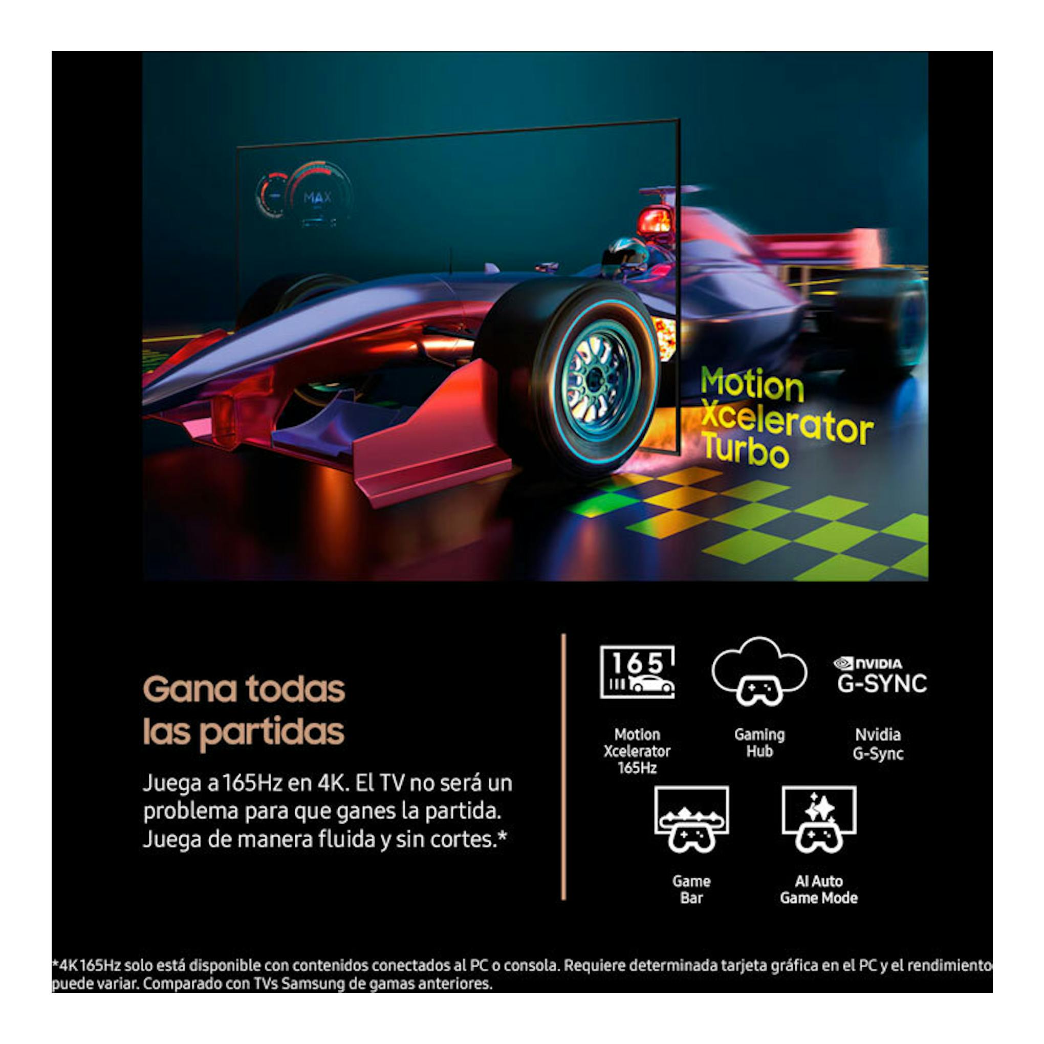 Samsung TQ83S95FAEXXC OLED 4K 83″ con coche de carreras y textos de funciones gaming sobre fondo negro.