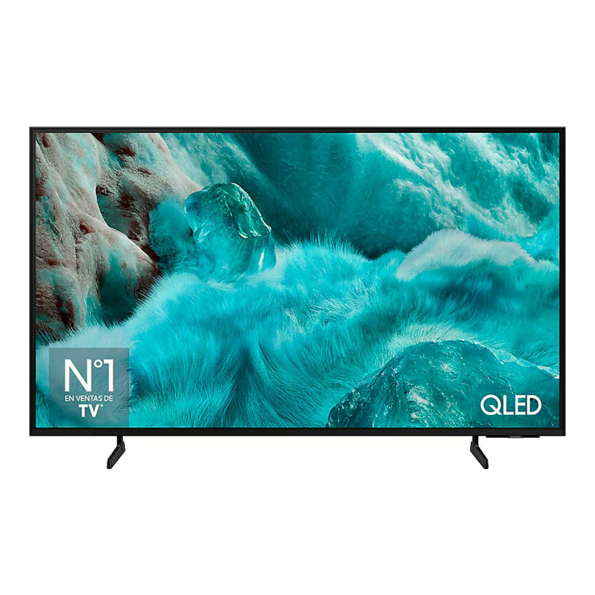 TV Samsung TQ85Q7FAAUXXC QLED 4K de 85 pulgadas, vista frontal, marco negro y patas.