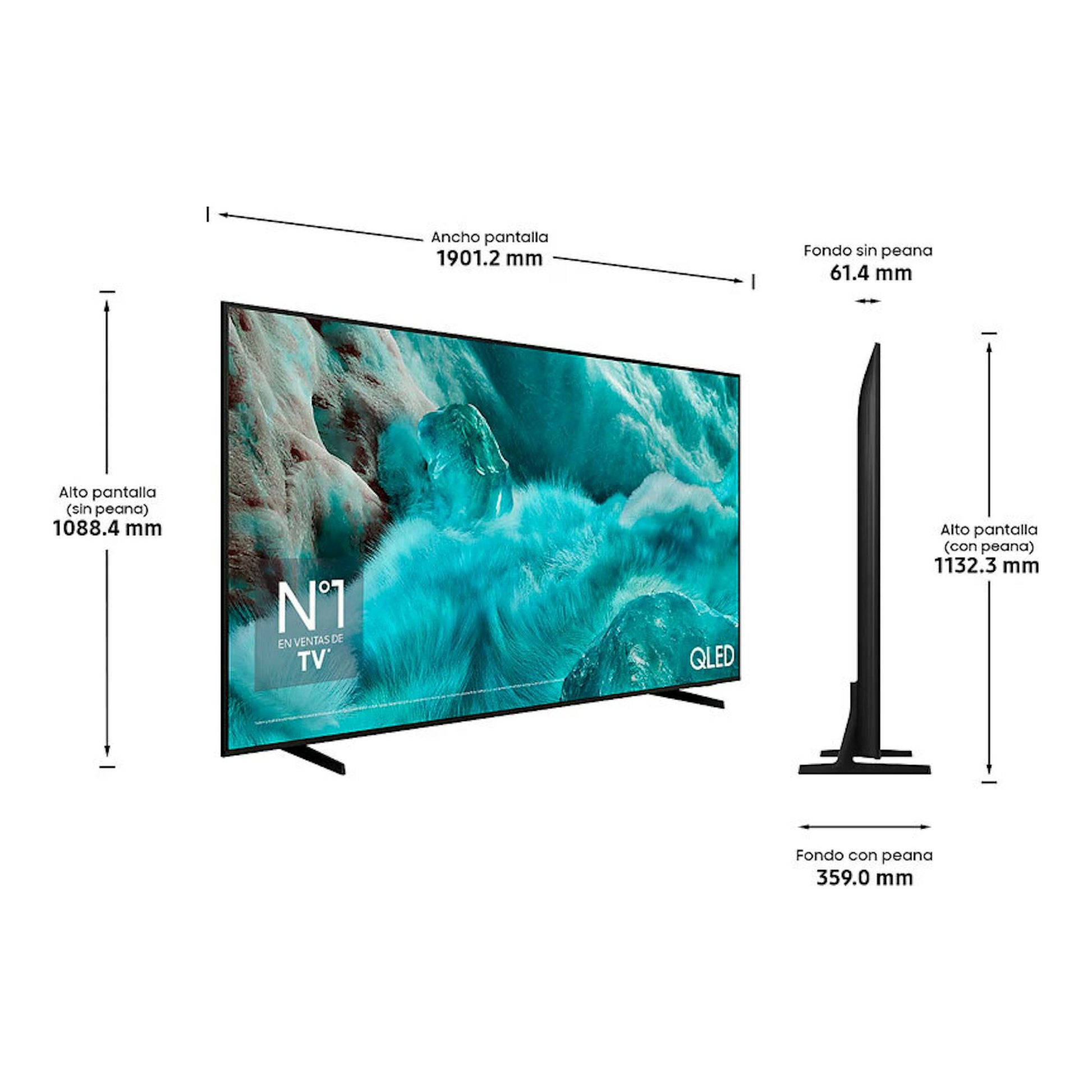 Diagrama de Samsung TQ85Q7FAAUXXC QLED 4K de 85", vista frontal y lateral, con medidas sobre fondo blanco.