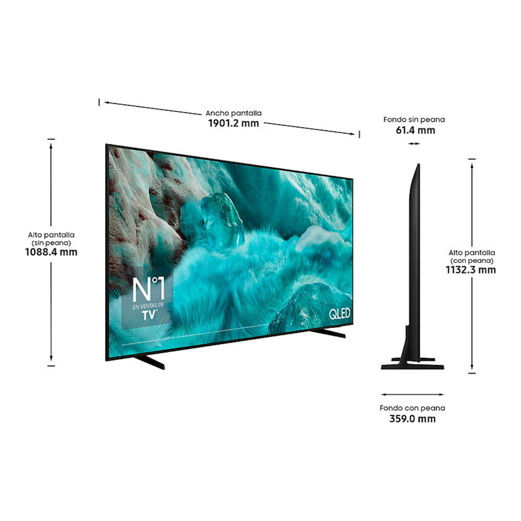 Diagrama de Samsung TQ85Q7FAAUXXC QLED 4K de 85", vista frontal y lateral, con medidas sobre fondo blanco.