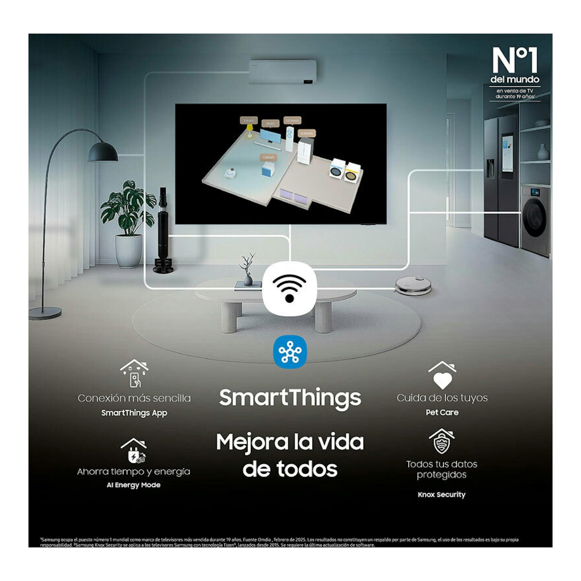 Samsung TQ85Q7FAAUXXC QLED 4K 85" en pared, frontal, con pantalla negra y plano 3D; logo SmartThings.