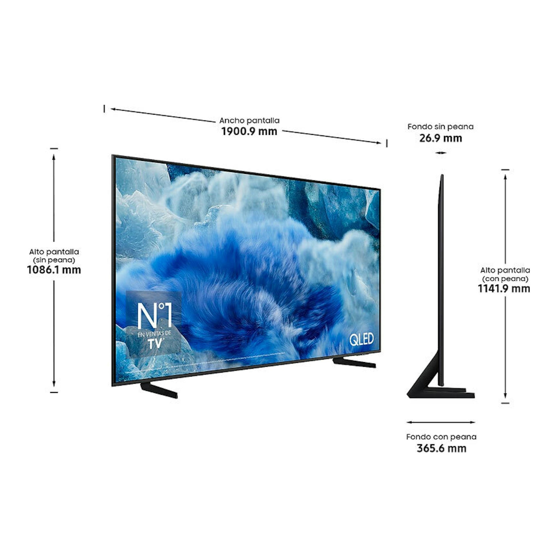 TV Samsung TQ85Q8FAAUXXC QLED de 85″, negra, vista frontal y lateral con medidas y peana.
