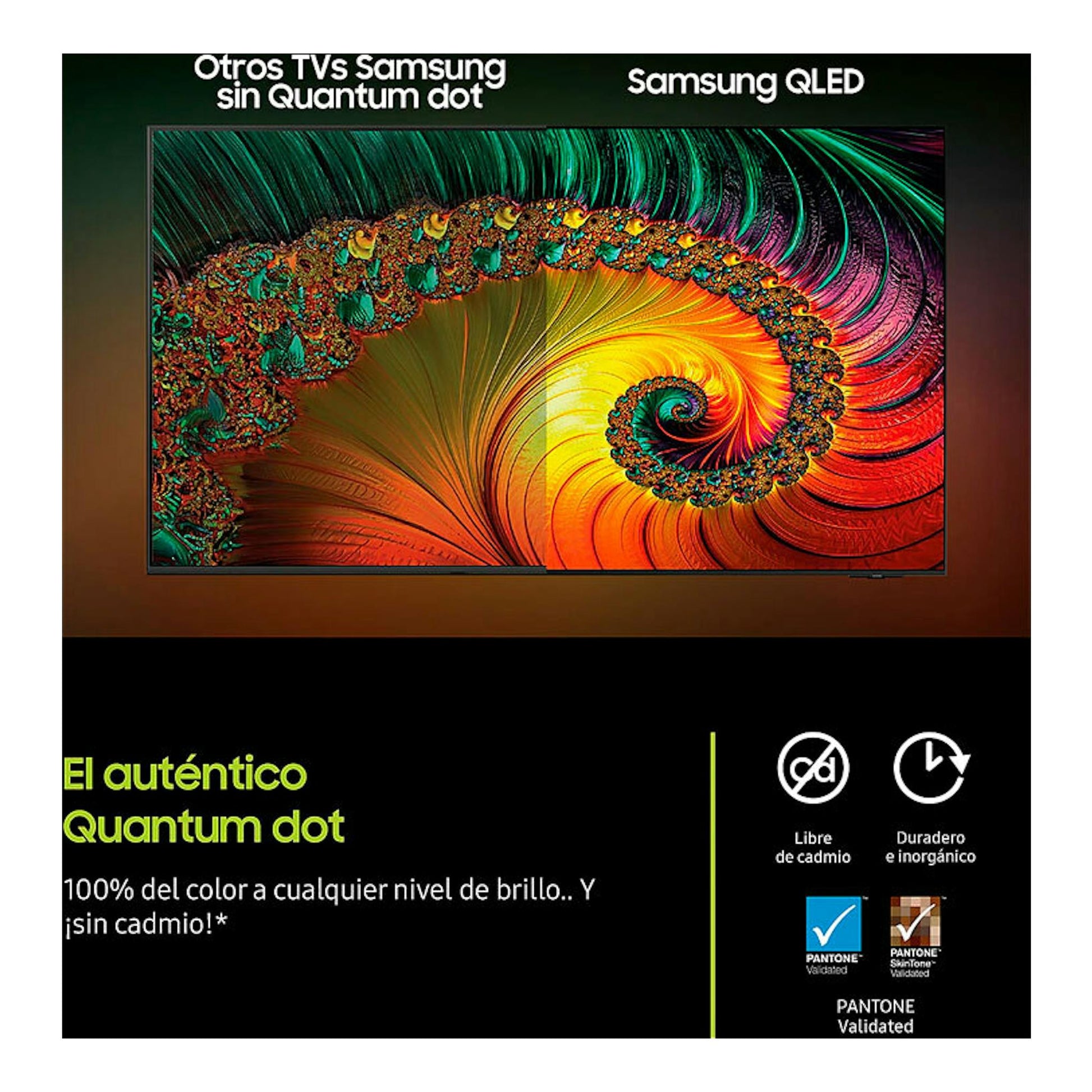 Samsung QLED TQ85Q8FAAUXXC: televisor de pantalla plana con imagen abstracta multicolor y texto sobre Quantum dot.