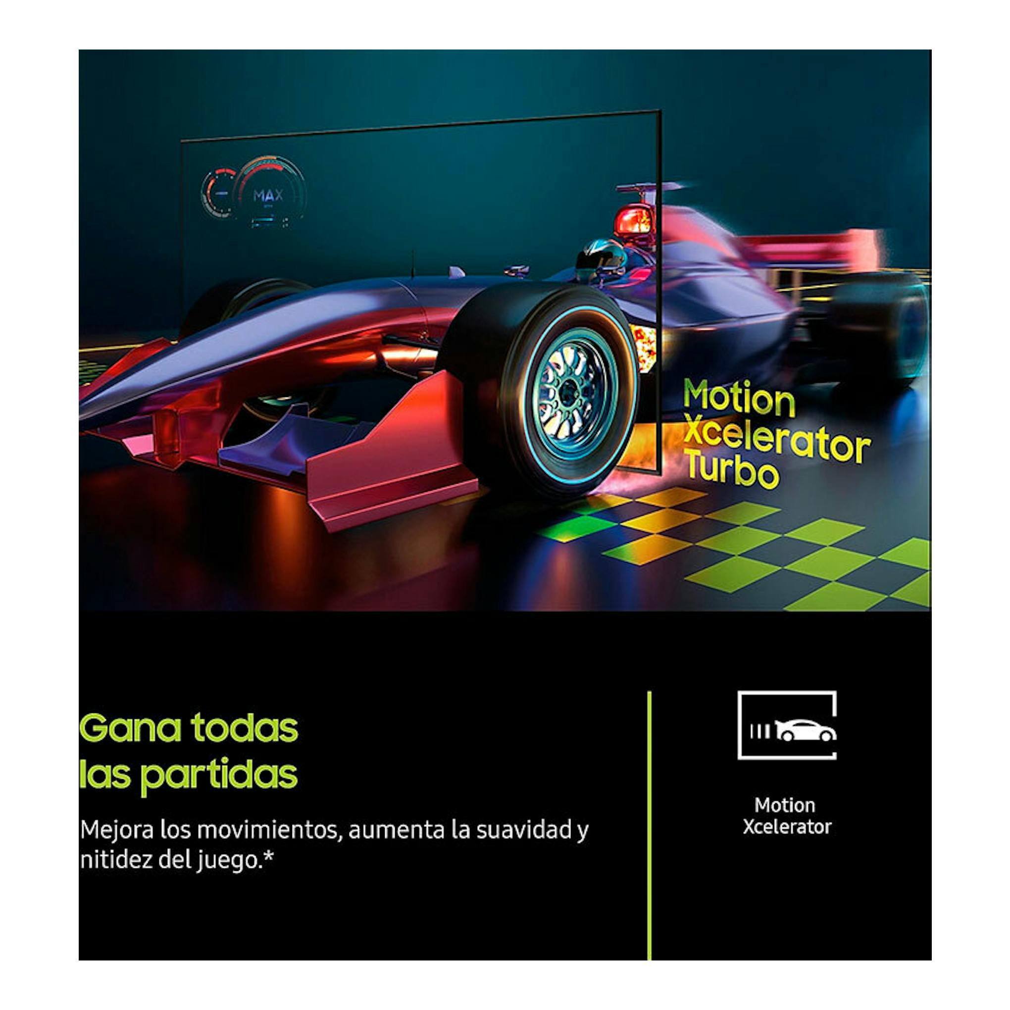 Samsung TQ85Q8FAAUXXC QLED 4K 85" en anuncio con coche de carreras y texto “Motion Xcelerator Turbo”.