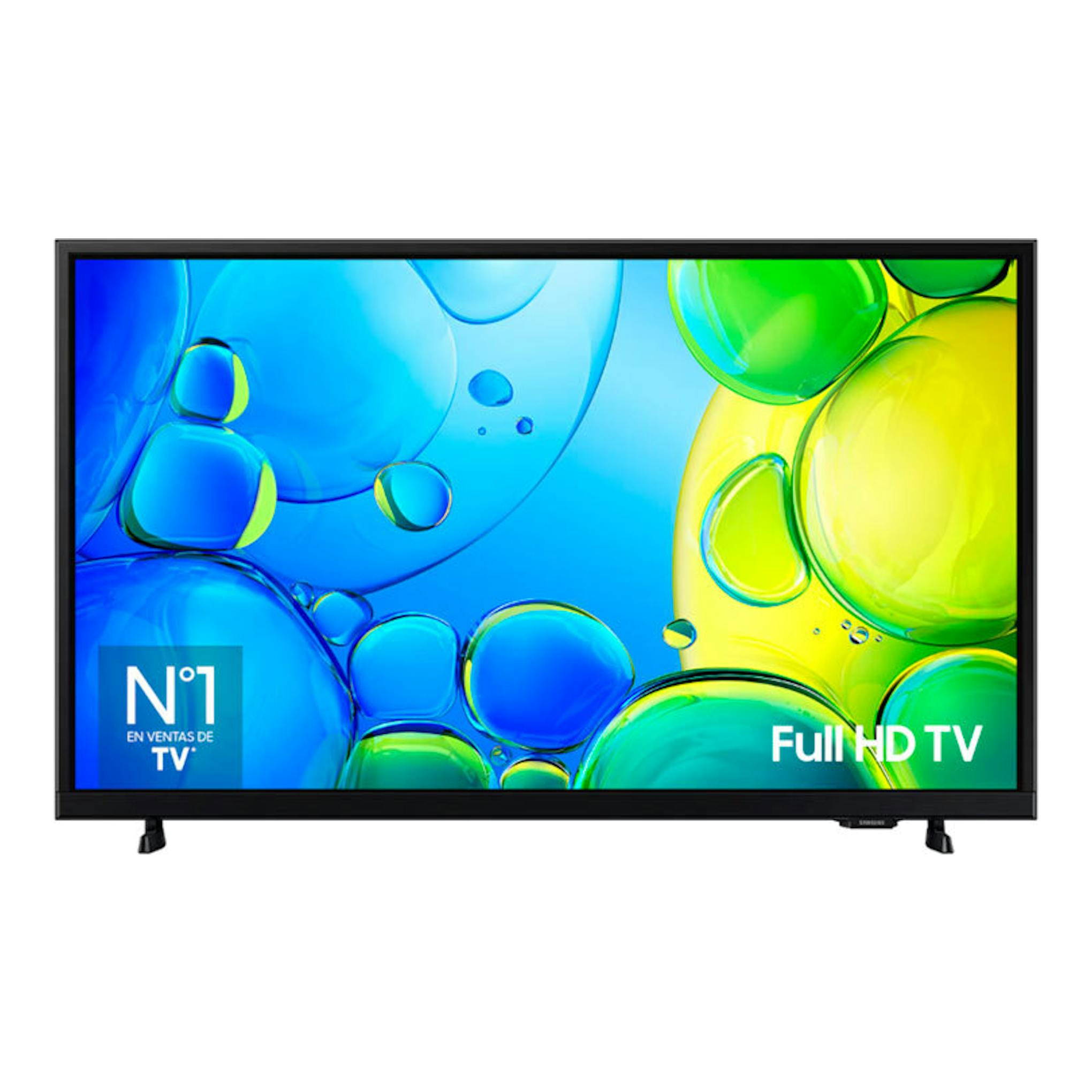 Televisor Samsung TU32F6005FKXXC de 32", vista frontal, marco negro y pantalla con fondo azul y verde.