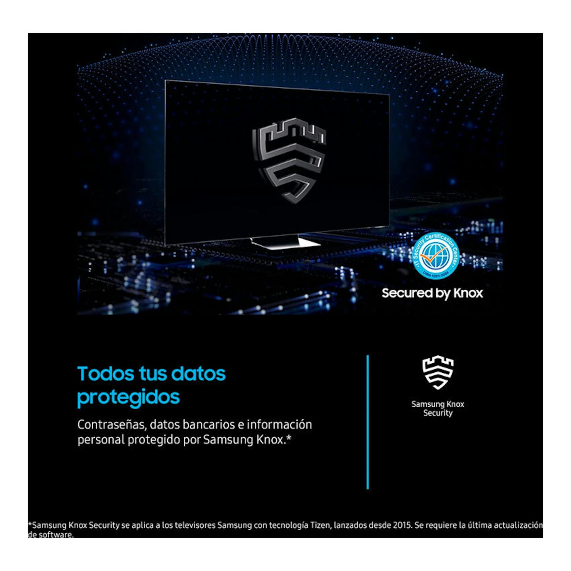 TV Samsung TU32F6005FKXXC, vista frontal, pantalla negra con logo Knox y texto «Todos tus datos protegidos».