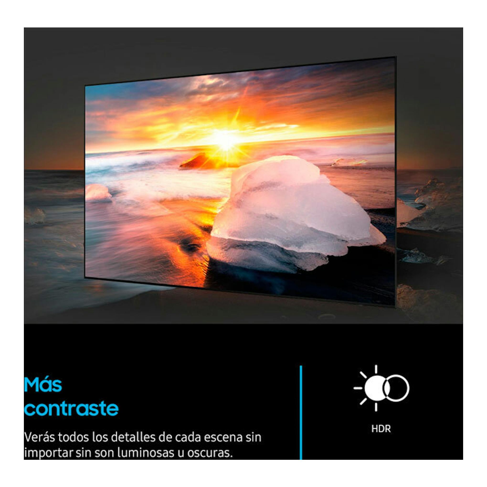 Samsung TU32H5005FKXXC, televisor negro en vista frontal con paisaje HDR y texto "Más contraste".