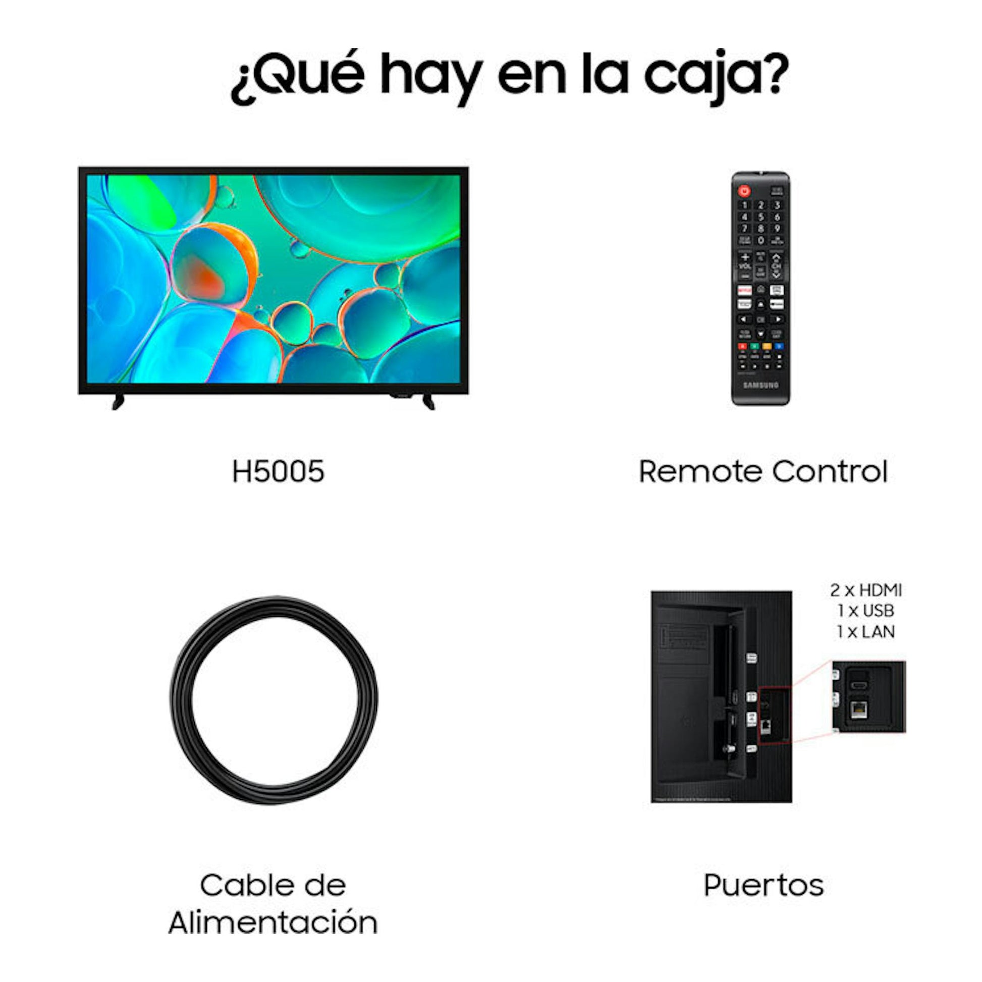 Samsung H5005: TV frontal, mando a distancia, cable de alimentación y puertos HDMI, USB y LAN.