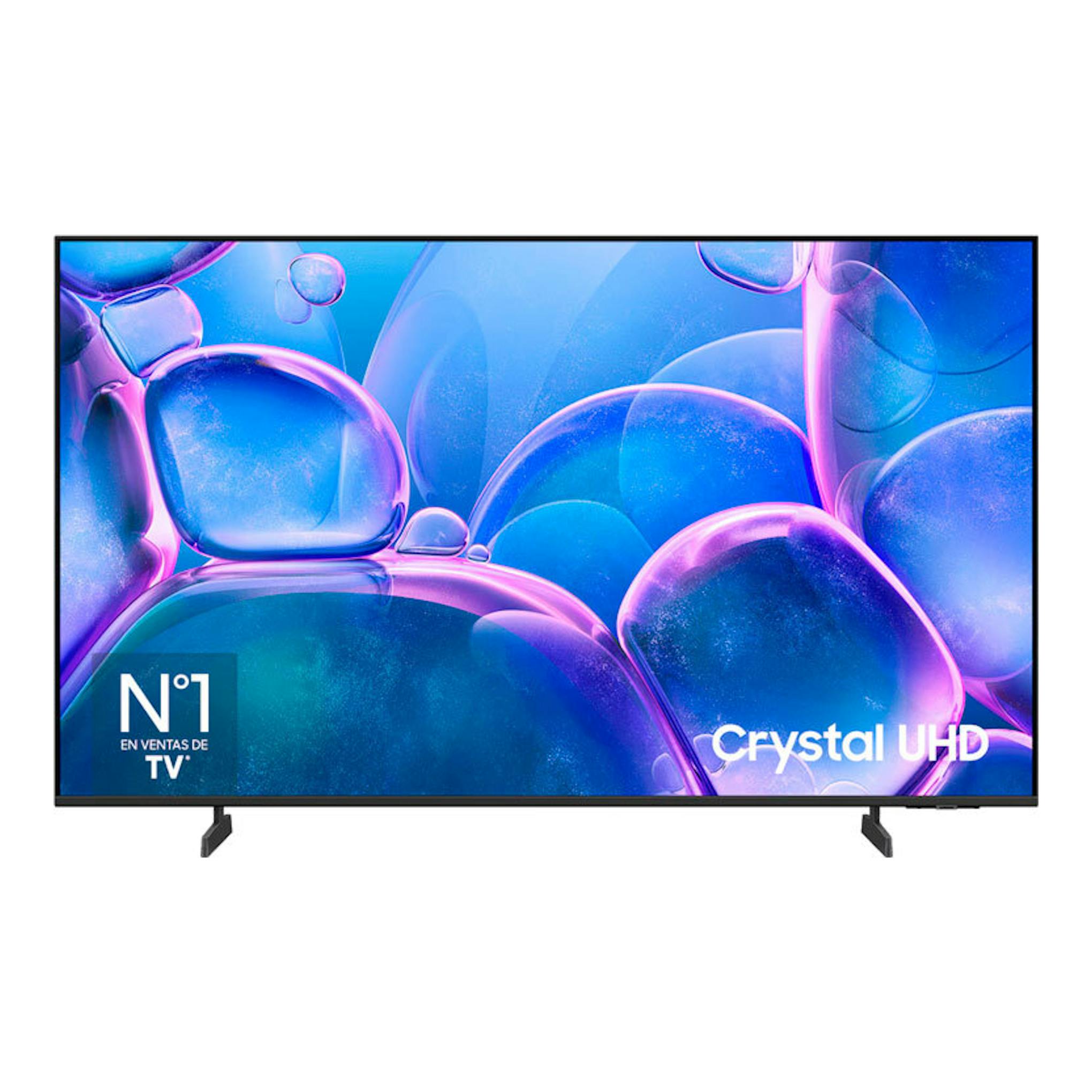 Televisor Samsung TU43U7025FKXXC, vista frontal, marco negro y pantalla con imagen abstracta azul y morada.