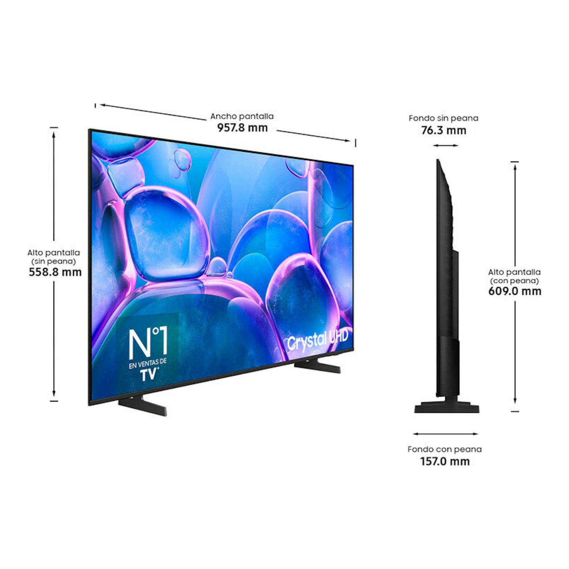 Samsung TU43U7025FKXXC, TV LED Crystal UHD 4K de 43", vista frontal y lateral con medidas.