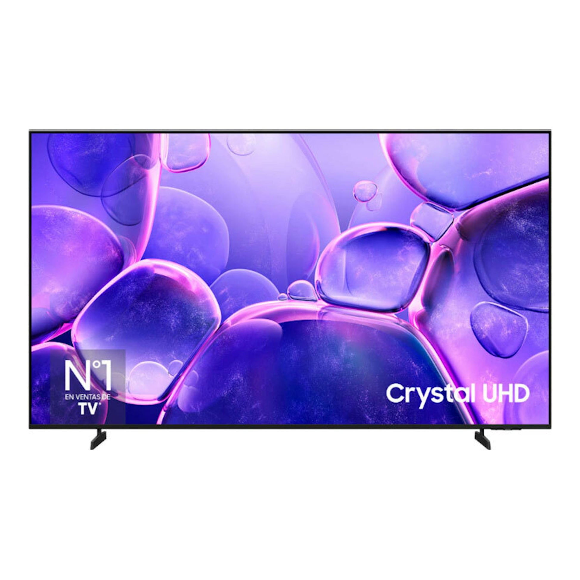 TV Samsung TU43U8005FUXXC, vista frontal, marco negro y dos patas, con imagen abstracta morada Crystal UHD.