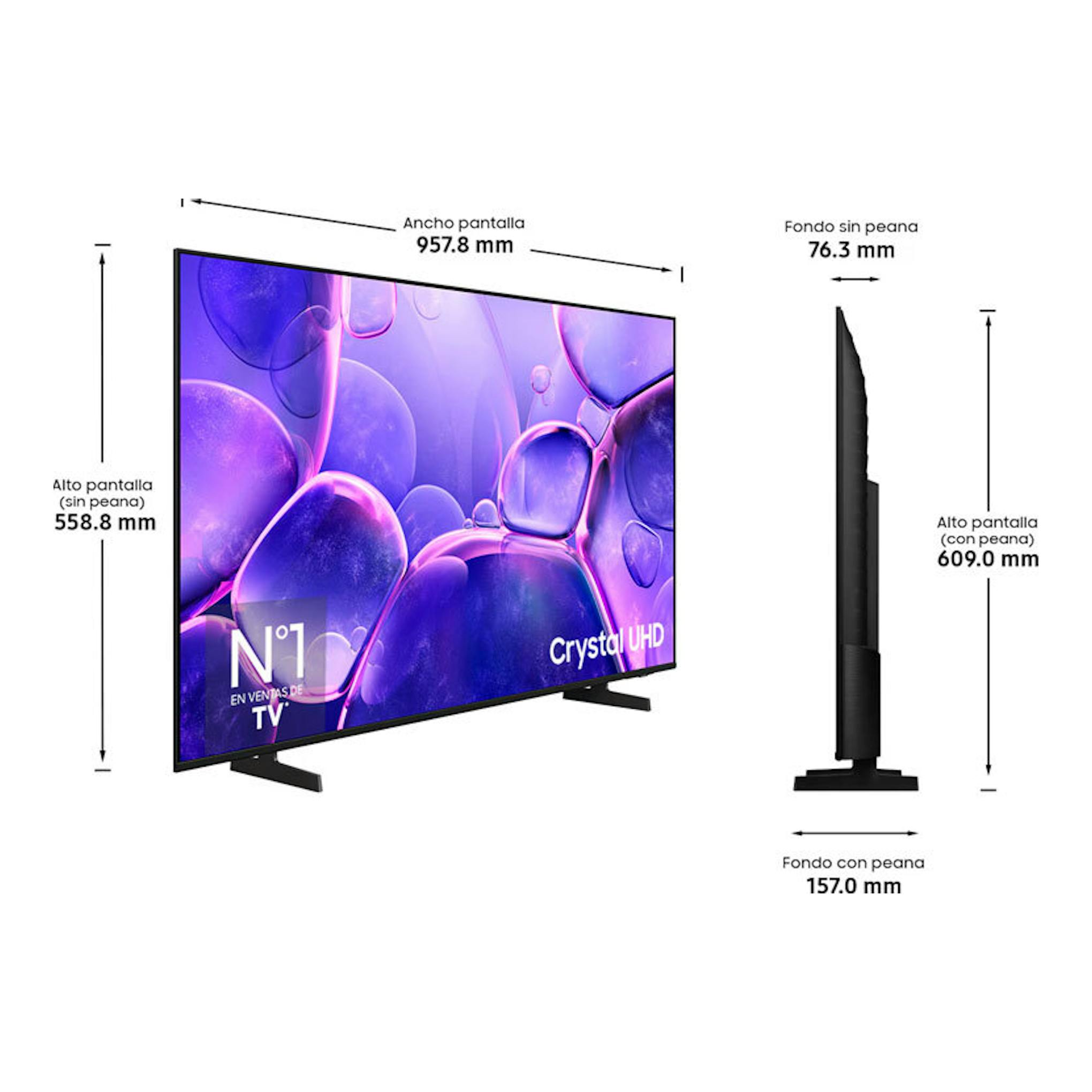 Samsung TU43U8005FUXXC, TV LED 4K de 43", vista frontal y lateral con dimensiones.