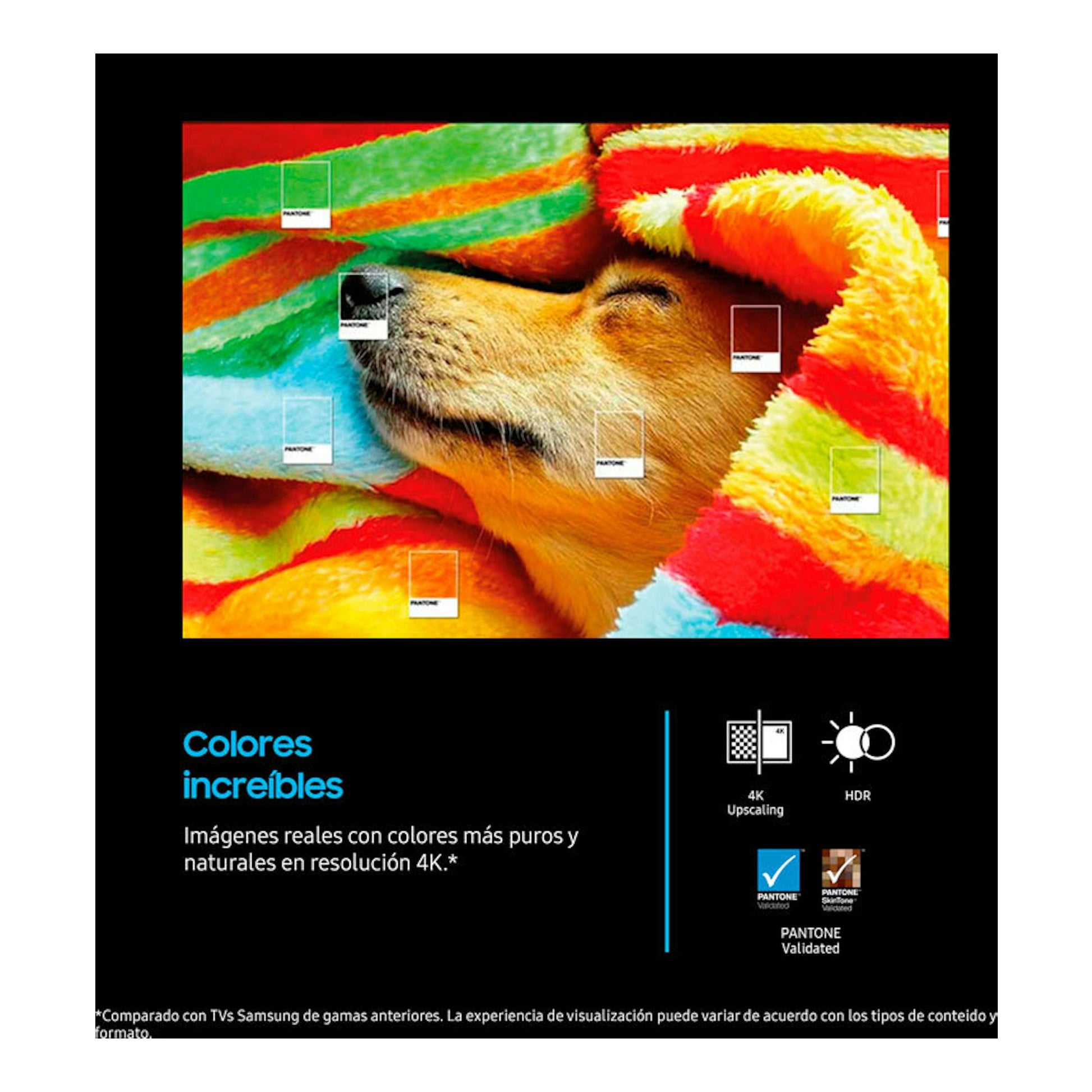 Televisor Samsung TU43U8005FUXXC 4K de 43", vista frontal, con perro entre mantas de colores.