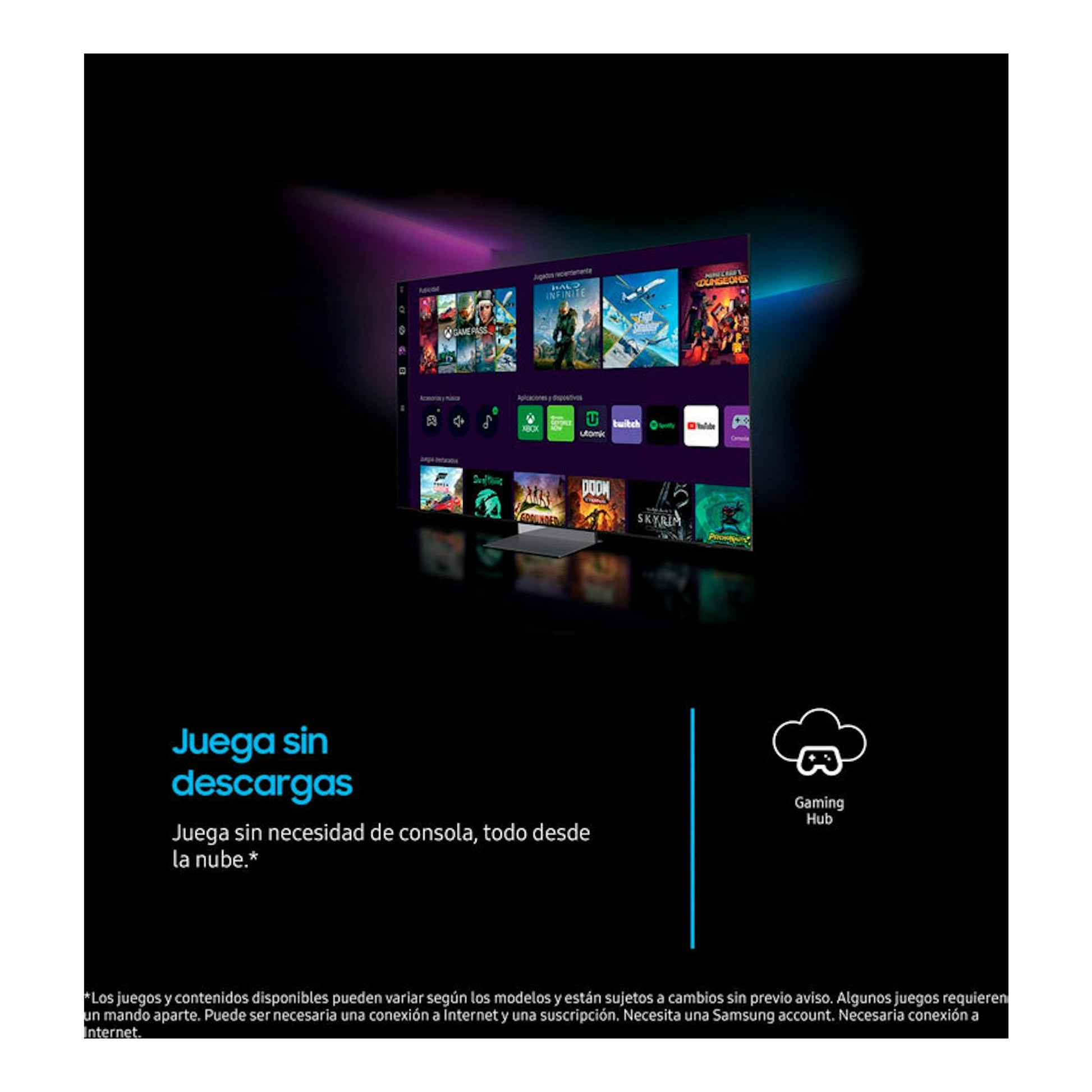 Televisor Samsung TU43U8005FUXXC, vista frontal, sobre fondo negro, con interfaz Gaming Hub y luces moradas y azules.