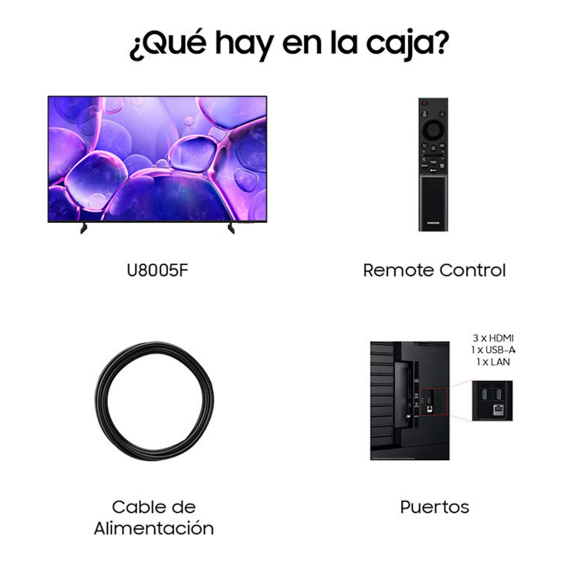 Samsung U8005F TV 4K de 43″, vista frontal con mando, cable de alimentación y puertos
