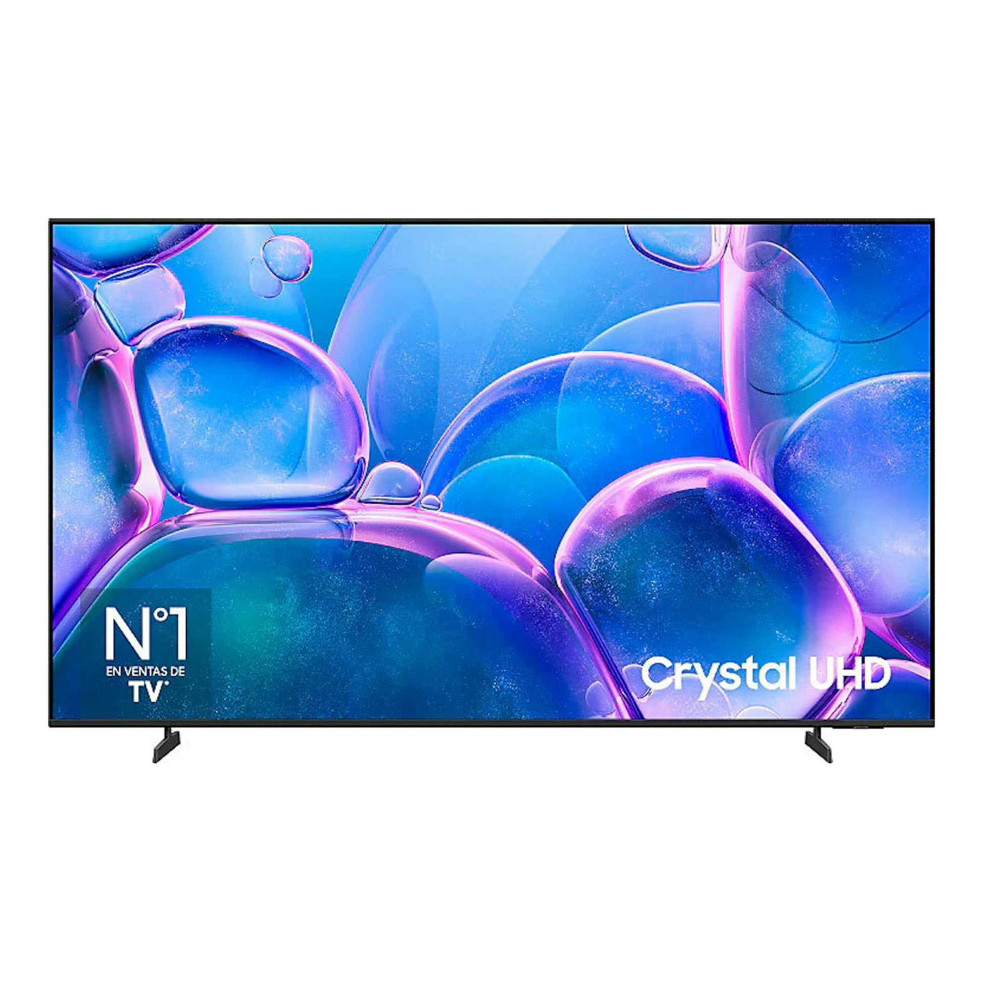 Samsung TU50U7005: televisor LED 4K de 50", vista frontal, negro, con pantalla azul y morada abstracta.