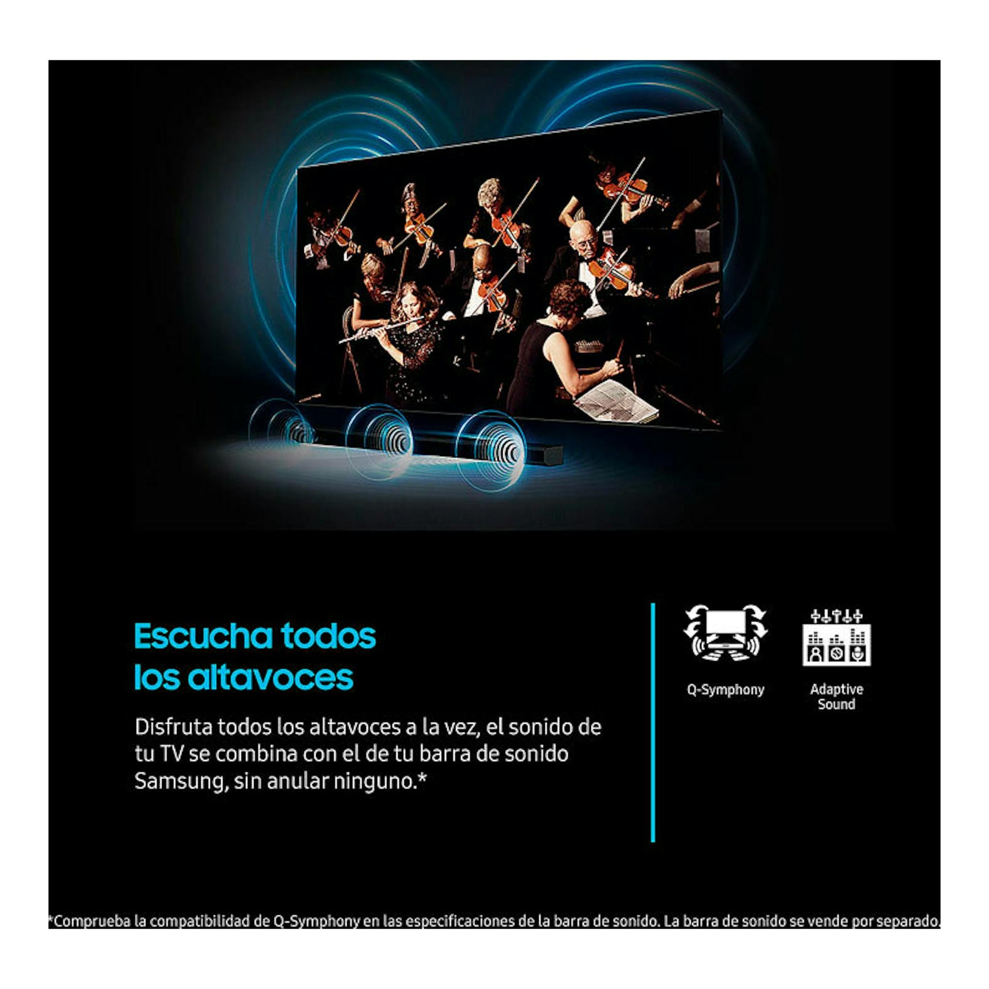 Samsung TU50U7005: televisor LED 4K de 50" en ángulo, con una orquesta en pantalla y texto sobre Q-Symphony.