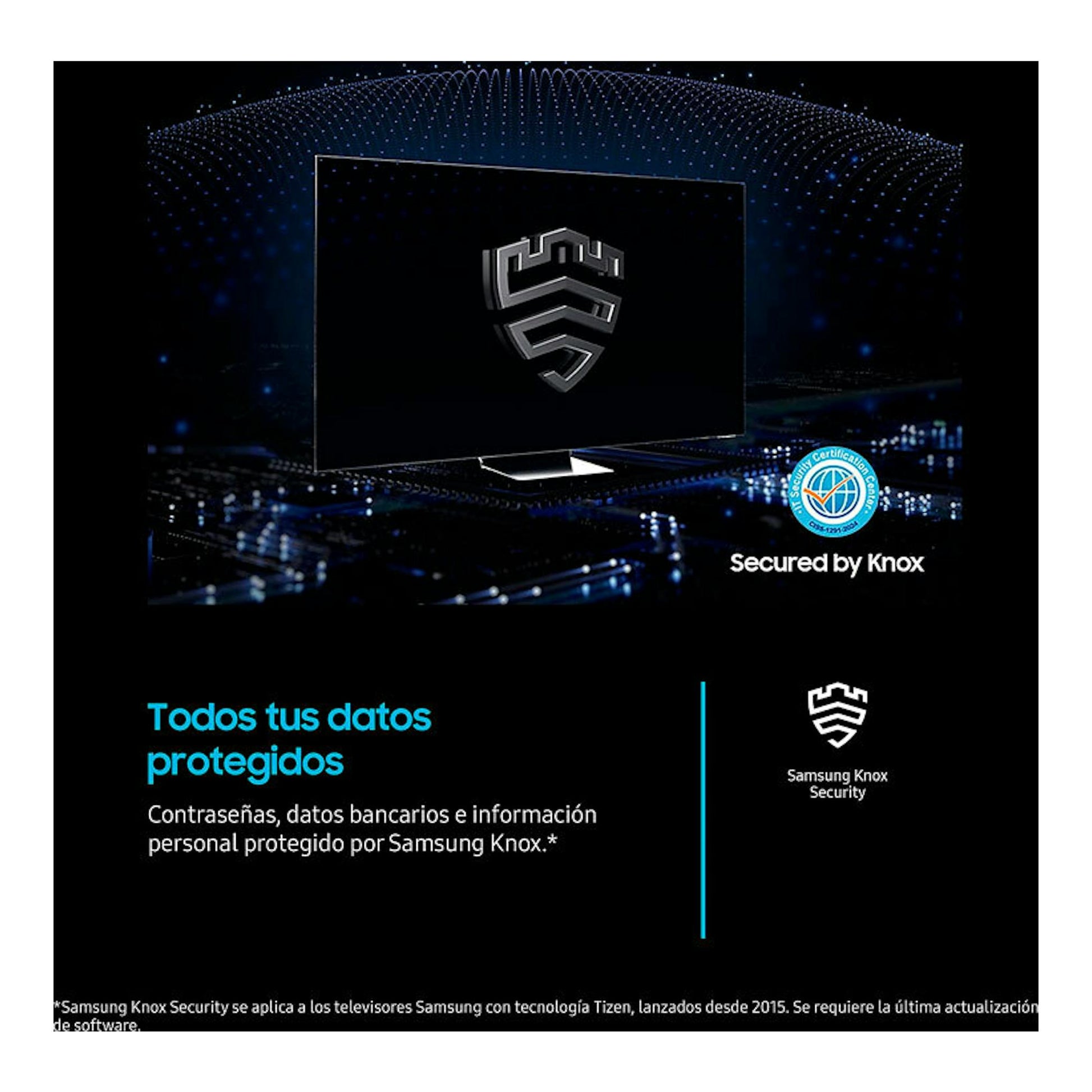 Vista frontal de un televisor Samsung con el logo Samsung Knox y el texto “Todos tus datos protegidos”.