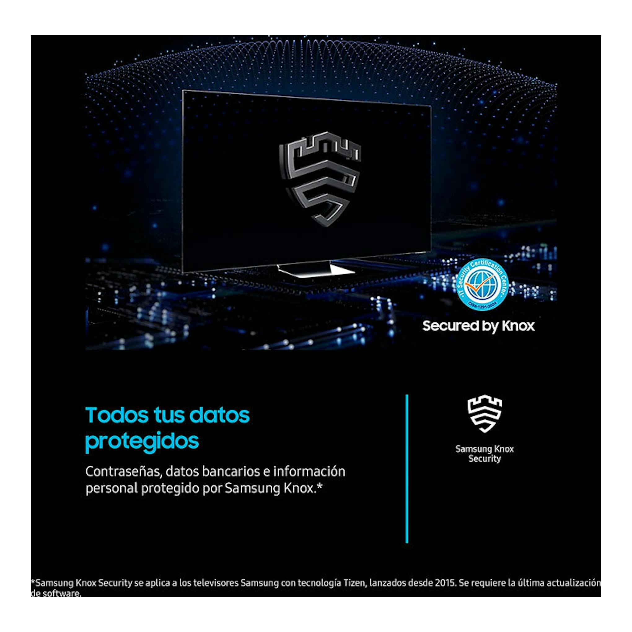 Vista frontal de un televisor Samsung con el logo Samsung Knox y el texto “Todos tus datos protegidos”.