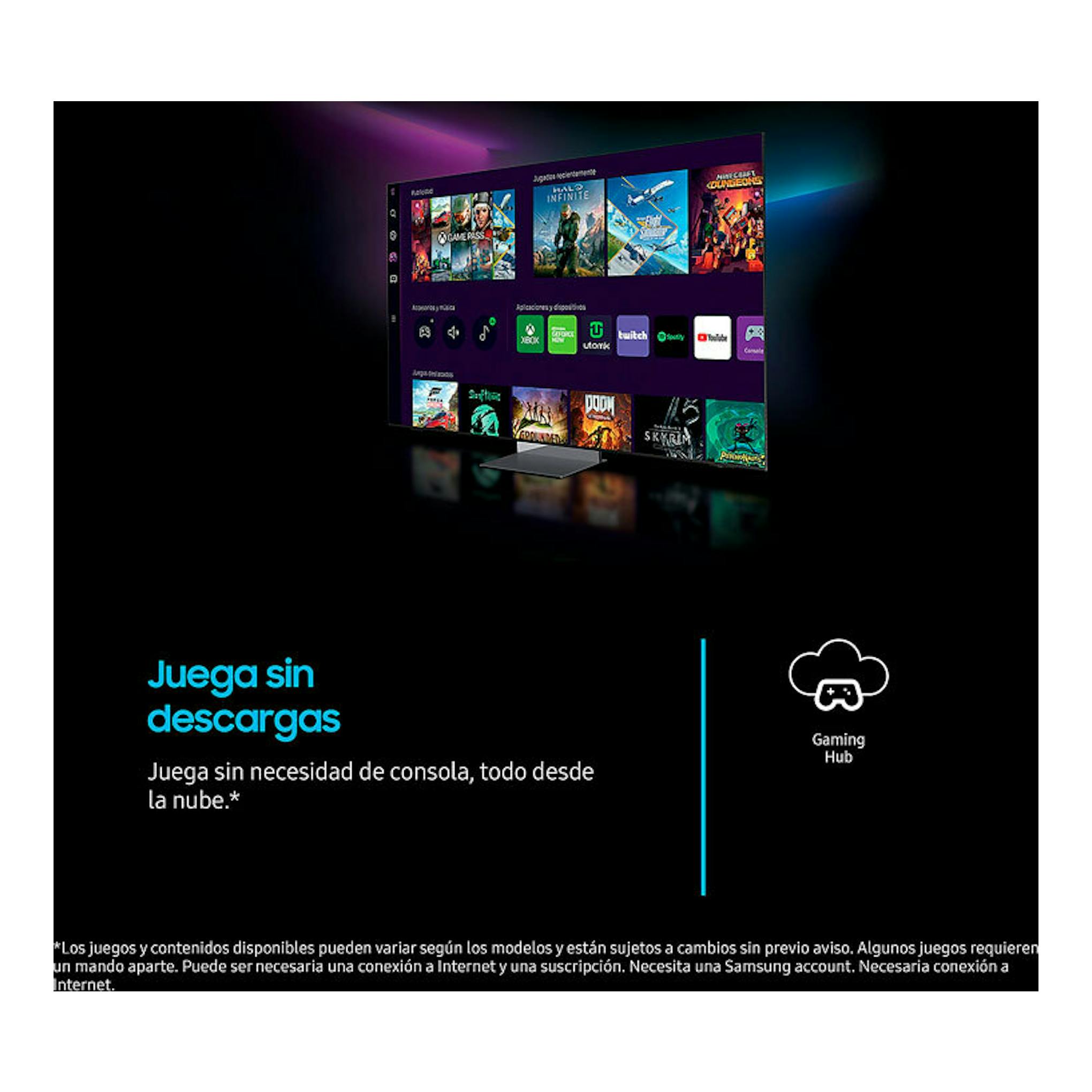 TV Samsung TU50U7005 en ángulo, con interfaz Gaming Hub y texto «Juega sin descargas» sobre fondo negro.