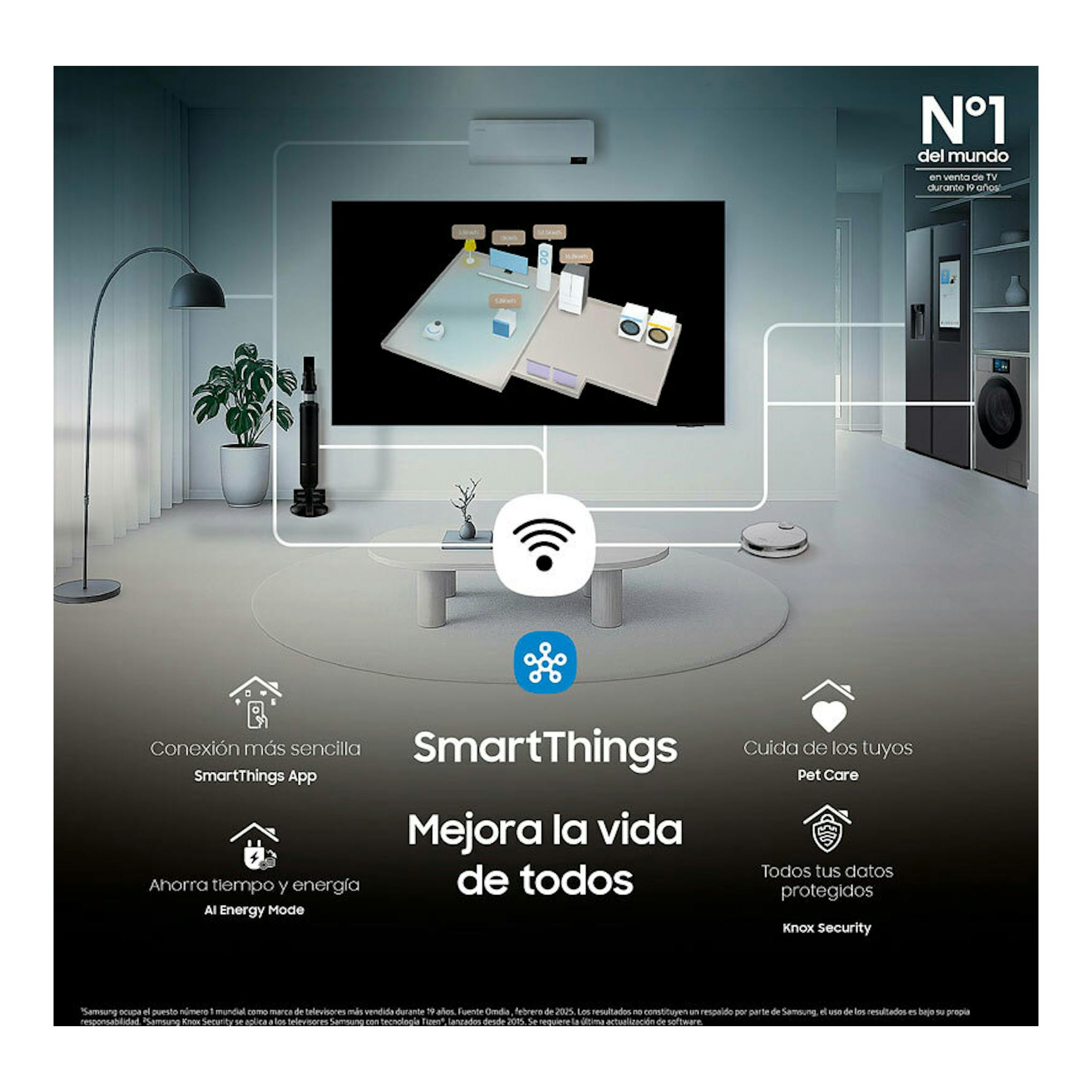 Samsung TU50U7005 TV LED 4K de 50 pulgadas, vista frontal en sala, con pantalla negra y SmartThings.