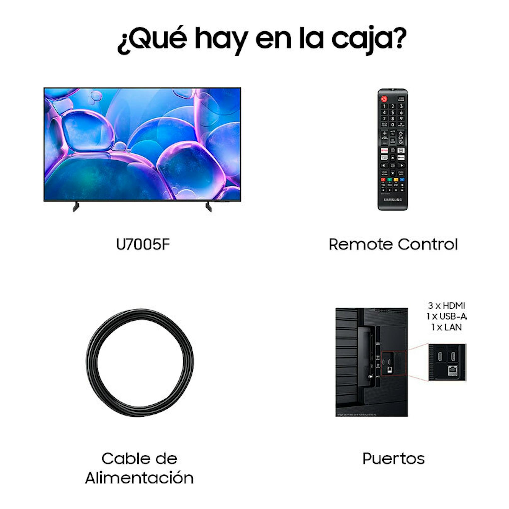 Samsung U7005F: TV frontal, mando a distancia, cable de alimentación y puertos HDMI, USB-A y LAN.