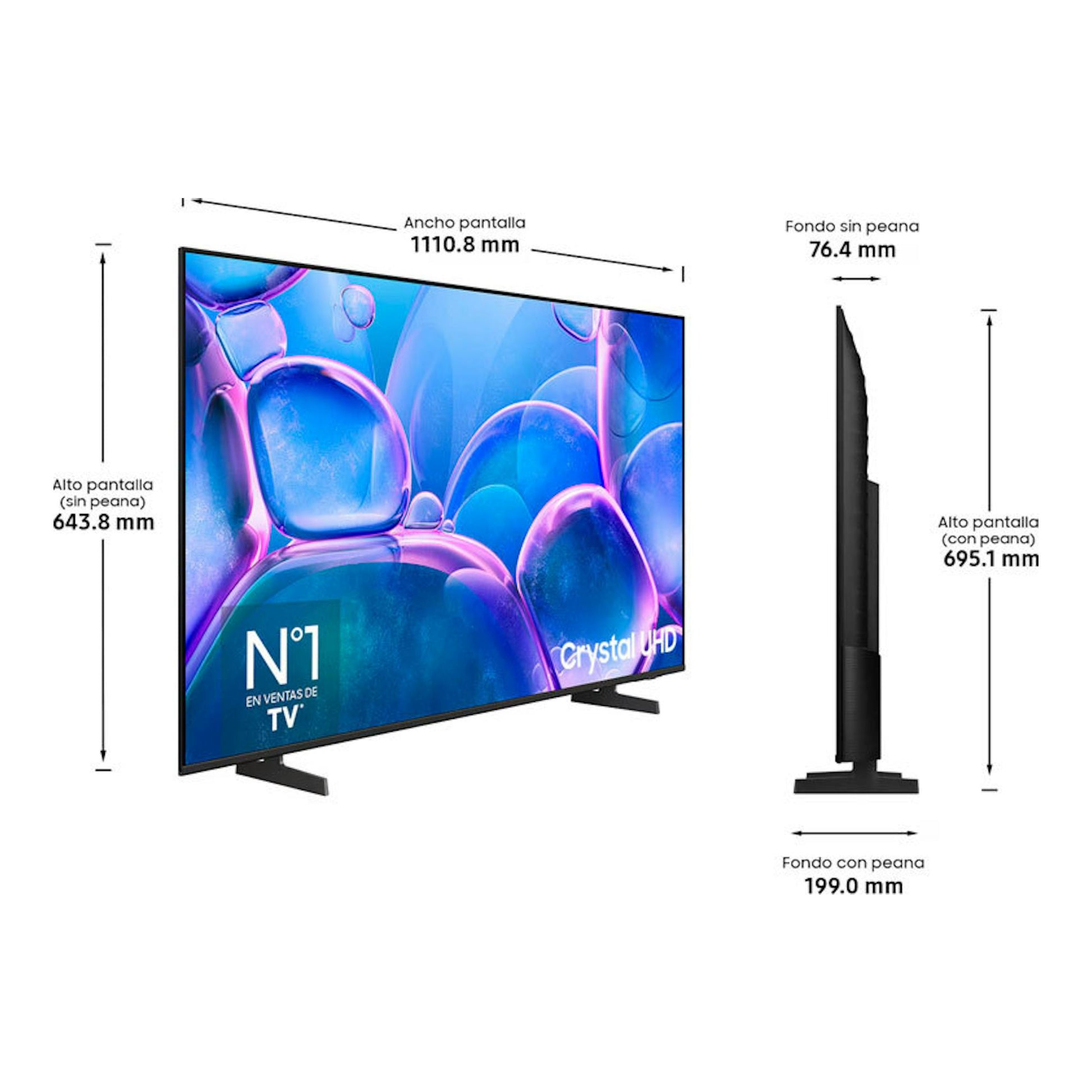 Samsung TU50U7025FKXXC TV Crystal UHD 4K, vista frontal y lateral con medidas y peana negra.